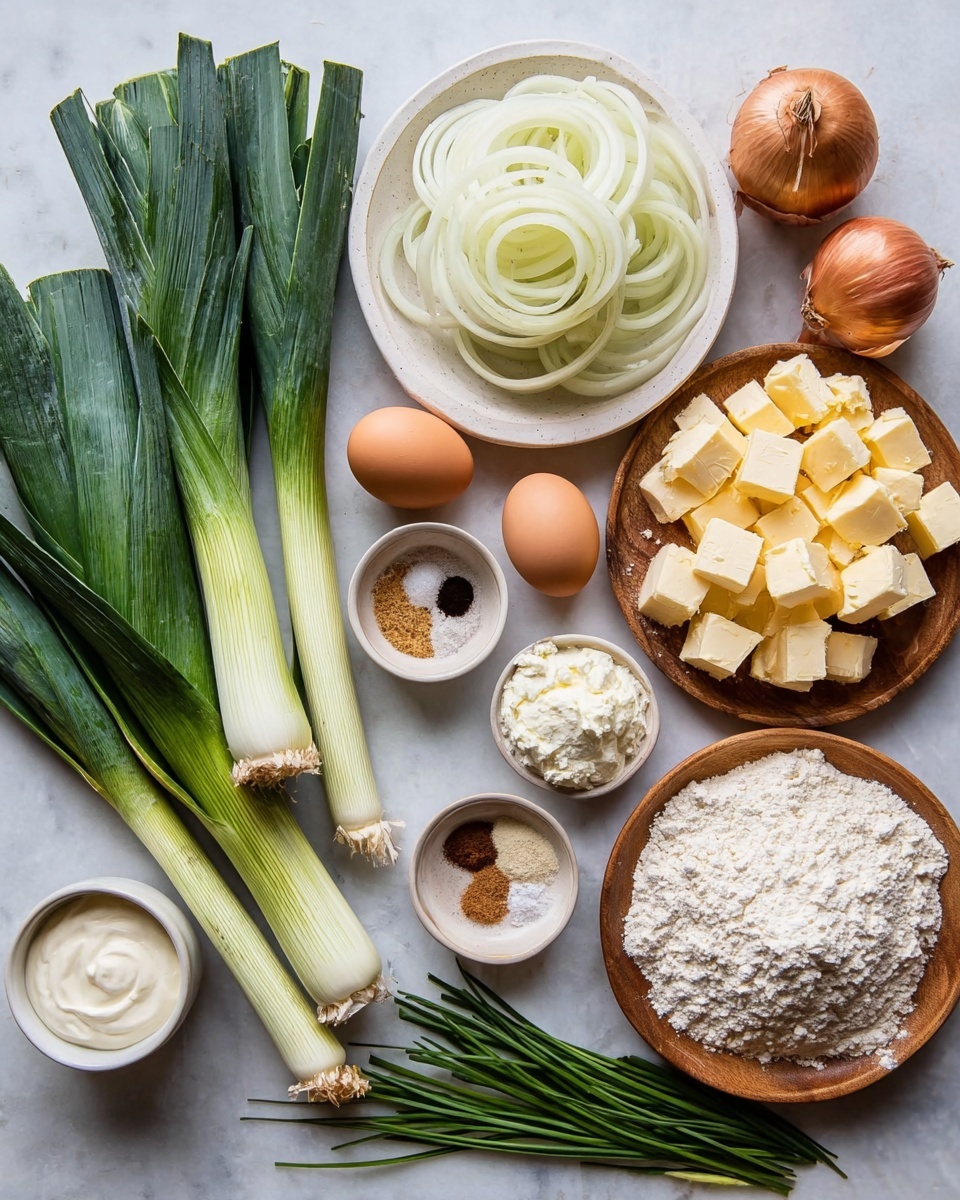 The image shows many cooking ingredients placed on a white marbled surface. There are two large green and white leeks lying diagonally on the left side, next to three brown eggs. Near the eggs is a bunch of green chives, spread out at the bottom left. In the center, there is a small white bowl with a light cream, and a wooden bowl filled with white flour on the right. Above the bowls is a white plate stacked with many rings of white onion, and to the right of this plate are two small shallots and a small wooden plate holding a small mound of soft white cream. In the middle, there is a wooden plate with many pale yellow cubes of butter, and near it is a small white bowl with brown spices, and another small white bowl with salt and pepper. The whole setup is neatly arranged and well lit, with a clean and fresh look. Photo taken with an iphone --ar 4:5 --v 7