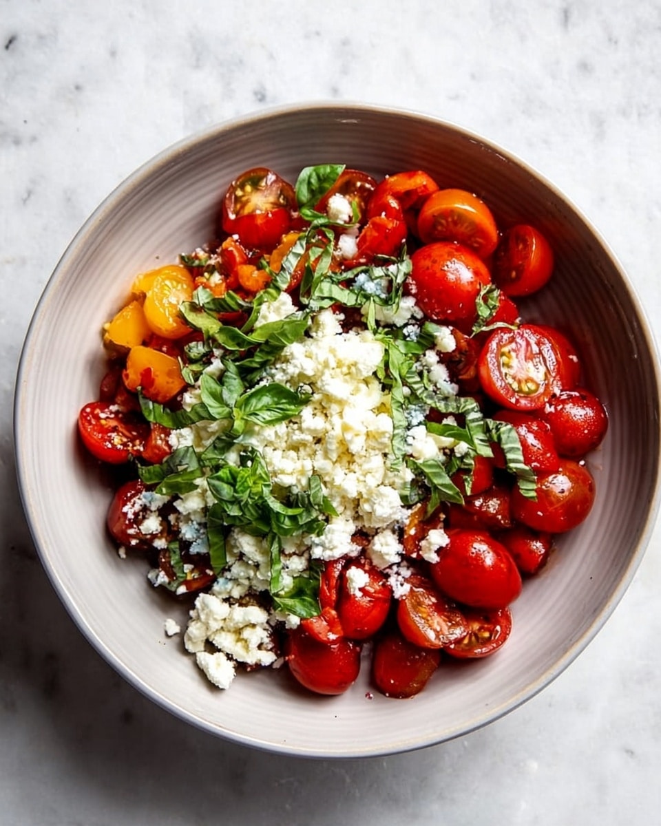 A white bowl filled with halved cherry tomatoes in shades of bright red and dark red, mixed with small pieces of fresh green basil leaves, all coated lightly with a shiny dressing. A silver spoon rests inside the bowl, touching the tomatoes. Two pieces of toasted bread with golden brown crust and some soft butter patches sit on the white marbled background near the bowl. A few fresh basil sprigs lie beside the bowl, and a blue and white striped cloth is casually placed next to it. photo taken with an iphone --ar 4:5 --v 7