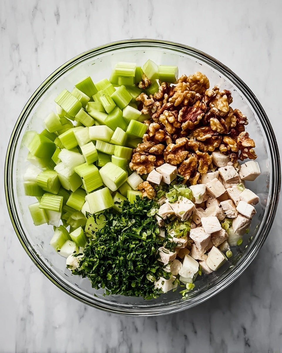 This image shows several white bowls, each with a different ingredient, all placed on a white marbled surface. The largest bowl in the center is filled with small cubes of cooked white chicken. Surrounding it are smaller bowls containing chopped green celery, chopped light green cucumber, whole walnut halves, and creamy mayonnaise with a smooth texture. There are tiny bowls with light yellow lemon zest, golden olive oil, light brown mustard or vinegar, and clear lemon juice. Two other tiny bowls hold black pepper and white salt. Fresh green parsley leaves lie next to the bowl with walnuts. The colors are mostly light and natural, with clean textures and neat arrangement. photo taken with an iphone --ar 4:5 --v 7