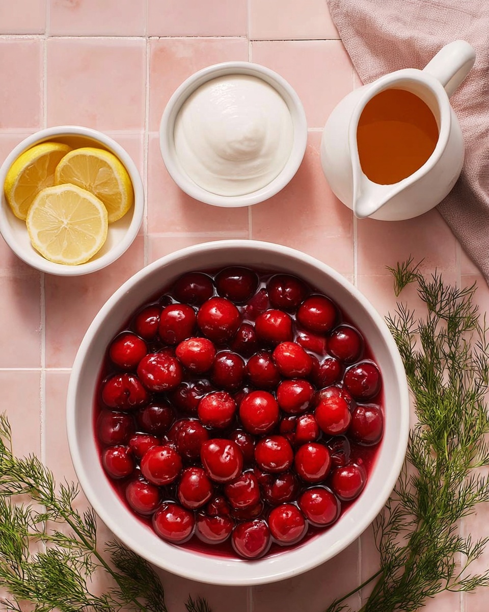 A white bowl filled with bright red cherries soaked in a dark red liquid takes the main focus in the lower left corner. Surrounding the bowl are four smaller white dishes: one contains two thin lemon slices, another has smooth white cream, the third holds a fine white powder, and the last one is a small white pitcher filled with a golden brown liquid. Sprigs of green dill are placed around the dishes on a light pink tiled surface. photo taken with an iphone --ar 4:5 --v 7