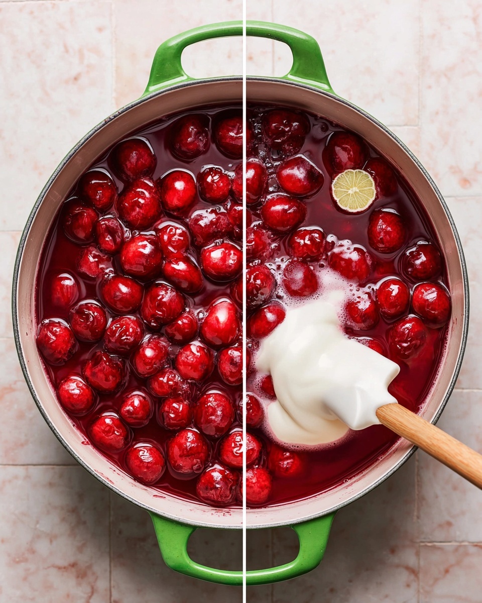 A white bowl filled with two layers: a bottom layer of smooth deep red cherry soup with visible small whole cherries in the liquid, and a top layer consisting of a dollop of white cream placed slightly off-center, garnished with small green dill sprigs scattered on the soup surface. A silver spoon with a white and black striped handle rests inside the bowl, touching the soup. The bowl is placed on a white marbled surface with fresh cherries and green dill around it. Photo taken with an iphone --ar 4:5 --v 7