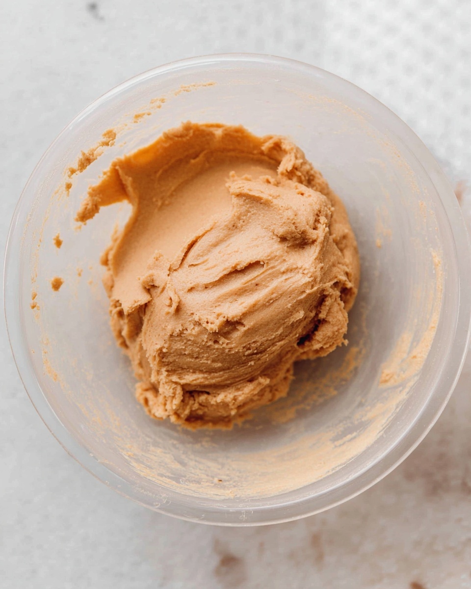 In a white clear glass bowl, there is a single large scoop of smooth, light brown dough with a soft texture that fills the center of the bowl. The dough looks thick and creamy with small ridges and slight unevenness on the surface, resting against the sides of the bowl which have some dough smudges. The bowl sits on a white marbled surface, giving a clean and bright feel to the photo taken with an iphone --ar 4:5 --v 7