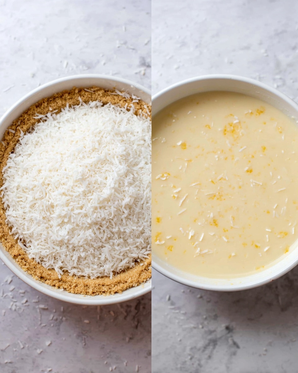 The image shows a round coconut pie in a silver foil pie tin, placed on a dark wooden surface with a wire rack underneath. The pie has a golden-brown crust around the edge and a creamy white filling topped with shredded toasted coconut flakes lightly sprinkled with cinnamon or nutmeg. Behind the pie, there is a dark brown bottle of vanilla extract resting on a loosely folded white and gray striped cloth, and to the left, a white bowl containing coarse coconut flakes is partially visible. The entire scene is set on a white marbled surface. Photo taken with an iphone --ar 4:5 --v 7
