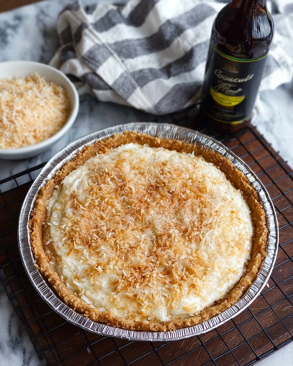 A slice of pie on a white speckled plate with a brown rim is shown on a white marbled surface. The pie has three visible layers: a browned, crumbly crust at the bottom, a thick white middle layer, and a top layer of shredded white coconut sprinkled with small, light brown toasted bits. Some toasted coconut flakes are scattered around the plate. In the background, part of the full pie in a silver pie pan is visible, sitting on the same white marbled surface. Photo taken with an iphone --ar 4:5 --v 7
