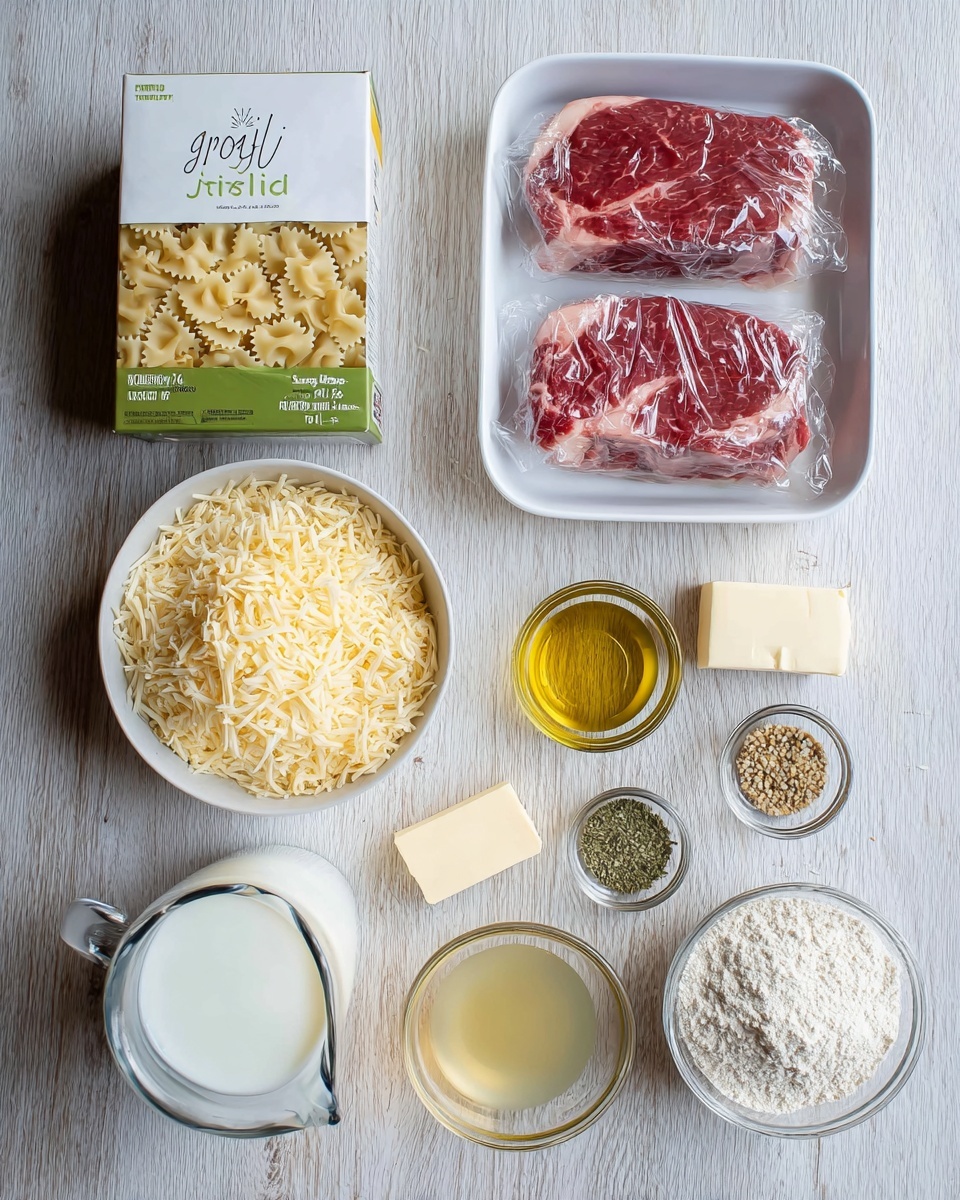 The image shows a flat lay of ingredients arranged neatly on a white marbled textured surface. At the top left, there is a box of gluten-free farfalle pasta with a white and green design. Below it, a white tray holds two raw red beef steaks with marbling visible and wrapped in clear plastic. On the right side, starting from top to bottom, there are small clear glass bowls with golden olive oil, pale yellow broth, light beige minced garlic, and mixed dry herbs and seasoning. A small white stick of butter is placed near these bowls. At the bottom left, a white bowl is filled with shredded pale yellow cheese. Next to it, a clear measuring jug filled with white milk is positioned. Finally, another small clear glass bowl contains white flour. photo taken with an iphone --ar 4:5 --v 7