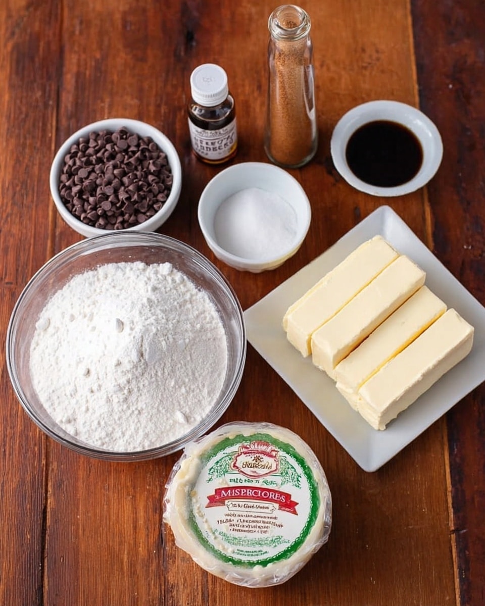 A tall round layered cake sits on a clear glass plate, covered in light cream frosting with small chocolate chips pressed into the sides. The top layer is thickly covered with crushed green pistachios, bordered by a scalloped ring of white cream swirls. The cake shows at least three layers of cream and cake inside, visible under the frosting. The scene is on a white marbled surface with a woman's hand holding a small dark bottle and a bag of chocolate chips slightly blurred in the background. Photo taken with an iphone --ar 4:5 --v 7