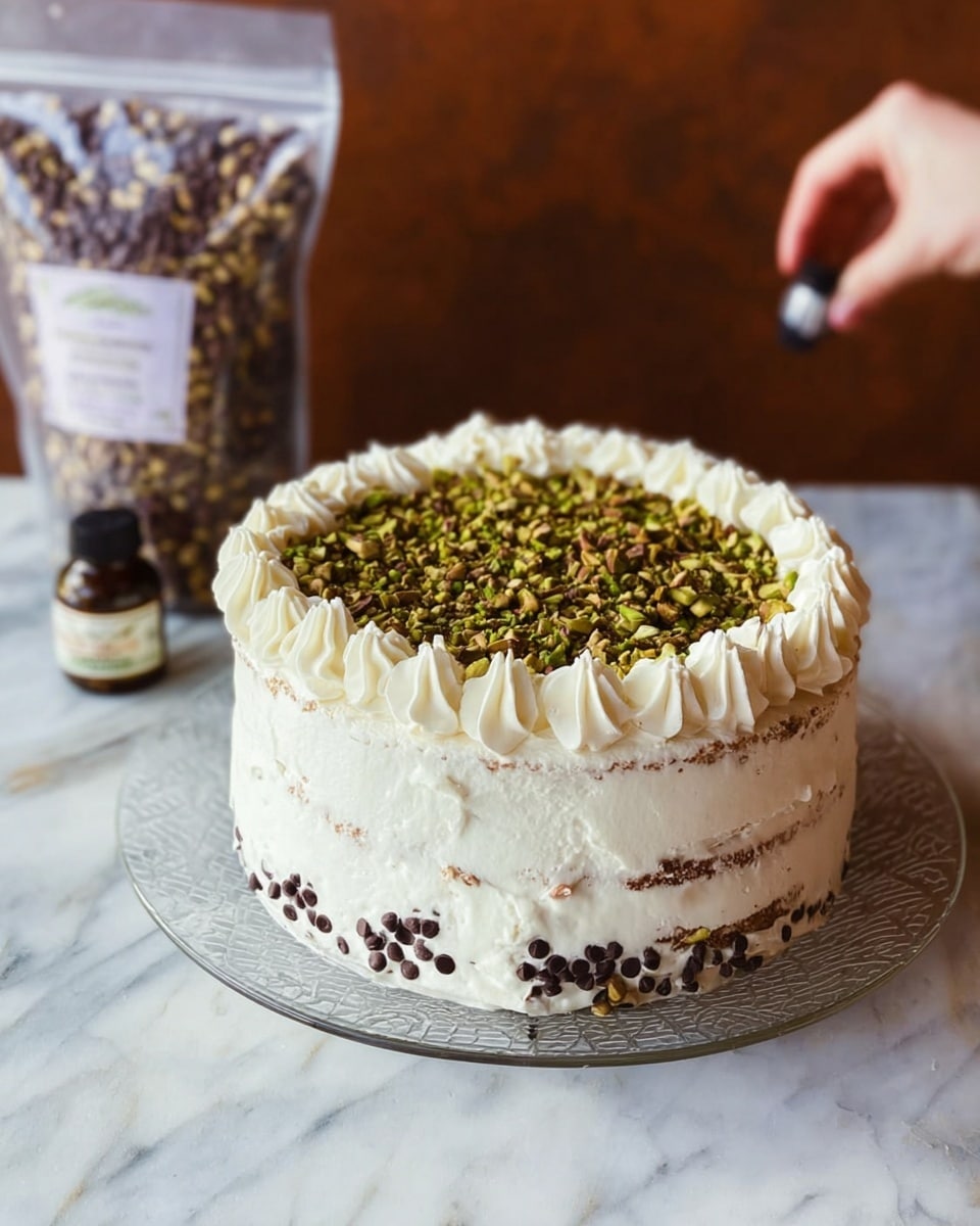 The image shows a two-layer vanilla cake with white cream frosting between and on top of the layers. The top of the cake is covered with crushed green pistachios and decorated with swirls of white cream along the edge. The sides of the cake have small dark chocolate chips stuck in the frosting. The cake slice is placed on a speckled white plate, showing the soft texture of the vanilla cake and the creamy white filling. The background surface is a white marbled texture with some scattered pistachio pieces. Photo taken with an iphone --ar 4:5 --v 7