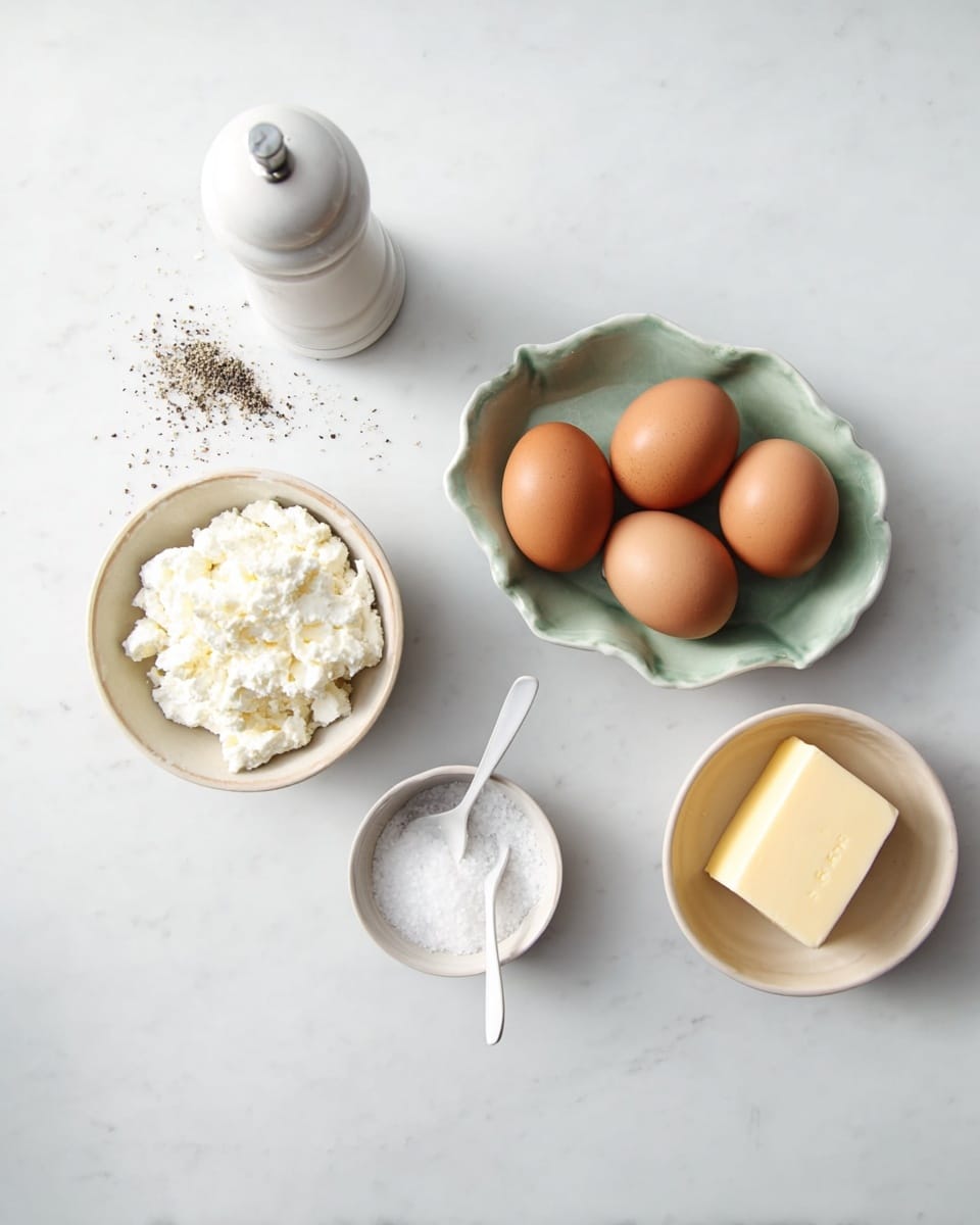 The image shows six items arranged neatly on a white marbled surface. On the left, there is a white pepper grinder with some black pepper spilled beside it. Next to it, a small white bowl filled with white cottage cheese. In the center, a light green leaf-shaped dish holds four brown eggs. To the right of the eggs, a small round white bowl has a white spoon resting inside and is filled with white salt. Finally, in the top right corner, there is a small beige bowl with a solid light yellow block of butter inside. Photo taken with an iphone --ar 4:5 --v 7