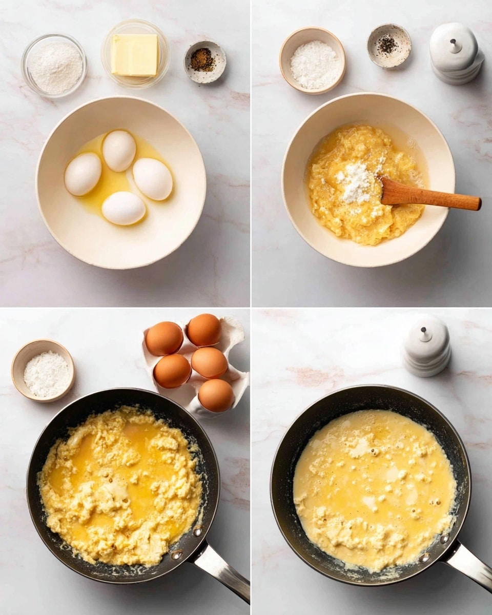 The image shows two pieces of toasted brown bread stacked slightly off-center on a white plate. The top slice is covered with a generous layer of soft, light yellow scrambled eggs with a creamy texture and small bits of white visible in the eggs. The plate is set on a white marbled surface, and next to it there is a silver fork and knife crossed at the top left corner of the plate. A small white container with a little bit of salt is slightly visible at the bottom right corner. photo taken with an iphone --ar 4:5 --v 7