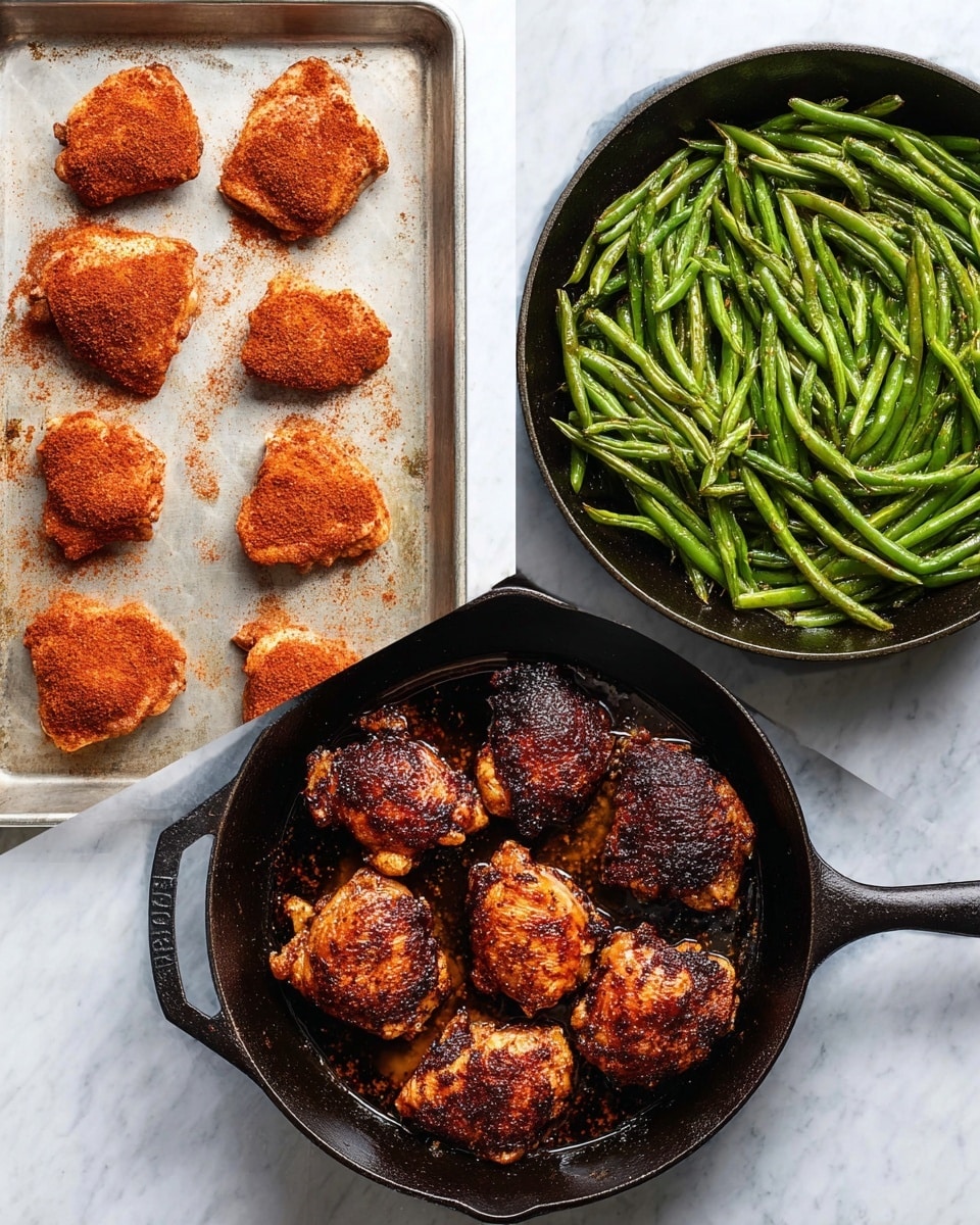 The image shows a black cast iron pan filled with five pieces of reddish-brown cooked chicken thighs arranged on the left side, each piece garnished with small green herb bits and coarse salt, topped with three bright yellow lemon wedges. On the right side, there is a large pile of vibrant green cooked green beans, also sprinkled with herbs and salt, with two lemon wedges placed on top. The pan sits on a white marbled surface with a light beige cloth partially visible below it. photo taken with an iphone --ar 4:5 --v 7
