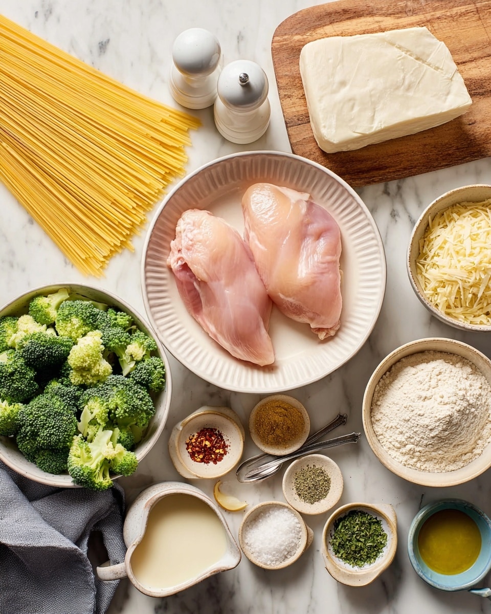 The image shows two raw pink chicken pieces placed in the center of a white round bowl with ridged edges. To the top left, there is a pile of long yellow uncooked spaghetti on a white marbled surface. Below the spaghetti, a white pepper grinder stands next to a round white bowl filled with a large block of white cheese. To the left of the chicken bowl, there is a white bowl filled with fresh green broccoli florets. At the bottom left, a small white jug holds a light beige liquid, possibly cream or milk. Below this, a round beige plate contains small piles of dried green herbs, red powder, and golden crumbs with two vintage silver spoons laying across the herbs. Nearby, a smaller beige bowl is filled with white salt. To the right of the chicken bowl, there is a small beige bowl with grated cheese, a smaller dish with golden oil, a white bowl with chopped white onions, a small blue bowl with minced garlic, and a round gray bowl with white flour, all placed on a wooden cutting board partially covered by a gray cloth. photo taken with an iphone --ar 4:5 --v 7