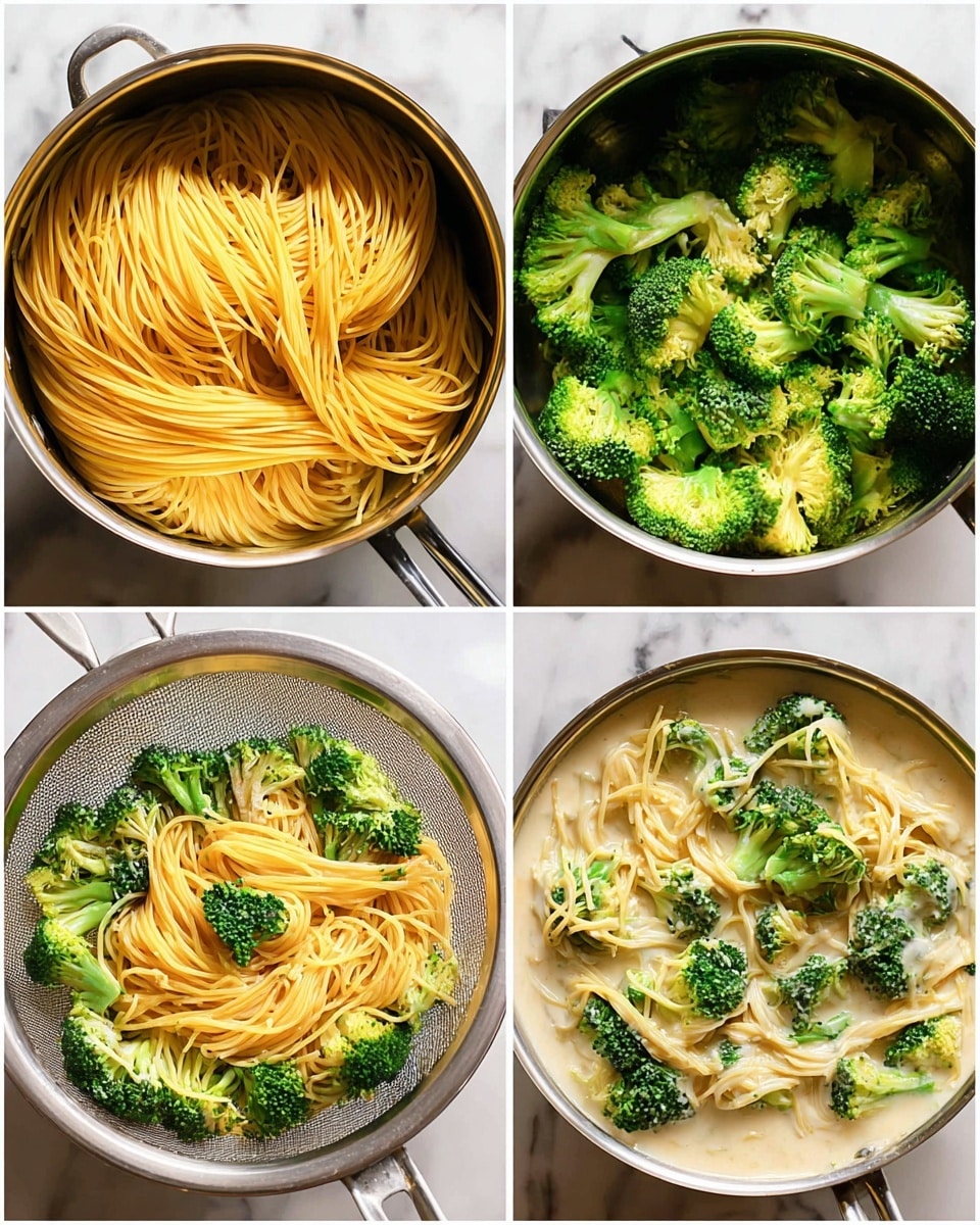 The image shows four stages of making broccoli pasta. The first layer is uncooked yellow spaghetti placed in a silver pot. The second layer has green broccoli florets added on top of the spaghetti in simmering water inside the pot. The third stage shows the cooked spaghetti and bright broccoli mixed together in a silver colander with a white marbled surface underneath. The final layer is the spaghetti and broccoli placed in a pan, mixed with a creamy white sauce, with some broccoli pieces on top. Photo taken with an iphone --ar 4:5 --v 7