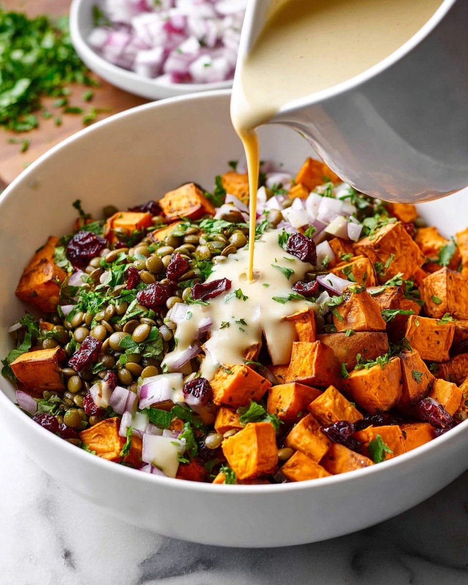 The dish features a white bowl filled with several layers: a base of small lentils and scattered dried red cranberries, topped with bright orange roasted sweet potato cubes that are slightly crispy on the edges, sprinkled with finely chopped fresh green herbs and small pieces of red onion. Over most of the ingredients, there is a poured creamy, pale yellow dressing that adds a smooth texture contrast. A silver spoon rests inside the bowl on the right side, slightly mixing the layers. The bowl sits on a white marbled surface with a small bit of green parsley visible at the bottom left corner. photo taken with an iphone --ar 4:5 --v 7