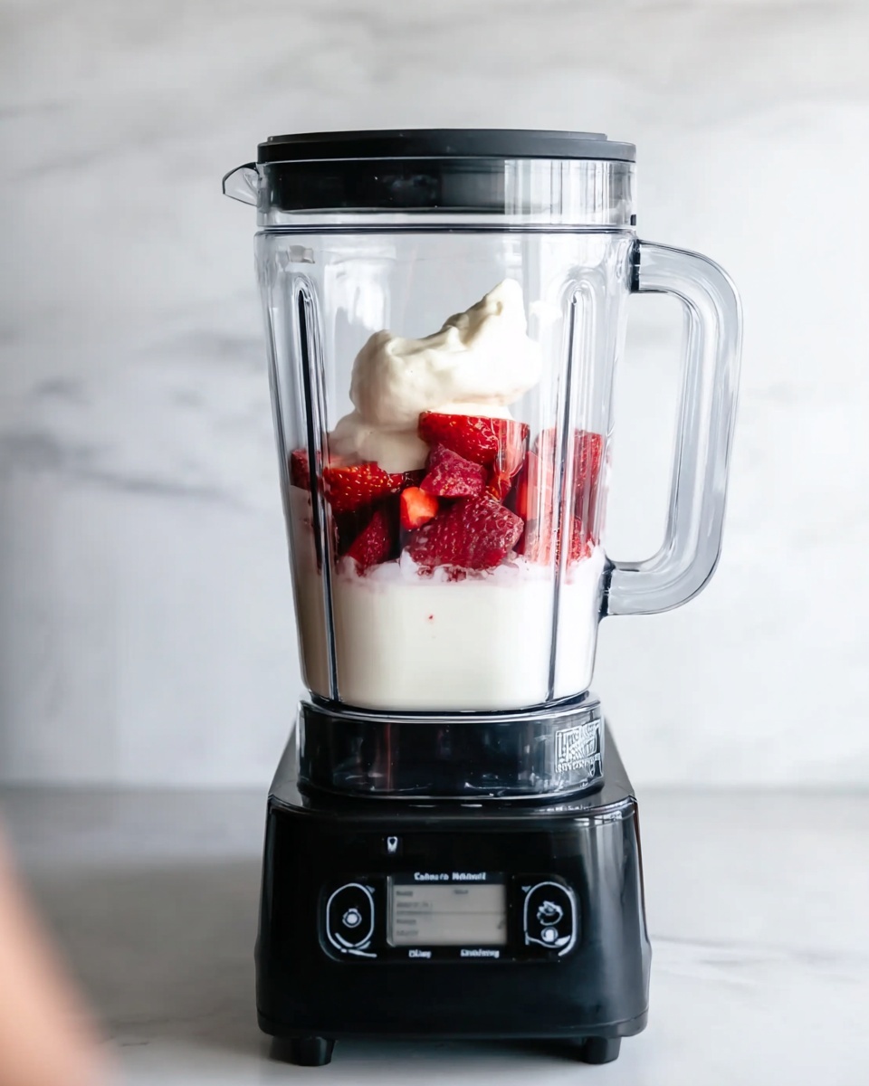 A clear blender jar positioned on a black blender base with control buttons and a small screen. Inside the blender, there are three visible layers: the bottom layer is white yogurt, the middle layer is red sliced strawberries, and the top layer is a dollop of white cream. The background shows a white marbled texture. A woman's hand is partially visible on the left side of the image. photo taken with an iphone --ar 4:5 --v 7