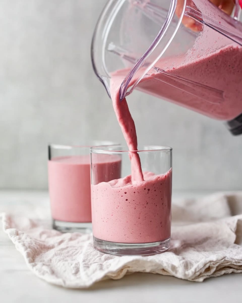 A close-up of a clear glass being filled with a thick pink smoothie from a blender jar held by a woman's hand. The pink smoothie is creamy with small visible fruit bits. In the background, there is a second clear glass already filled with the same pink smoothie placed on a white cloth on a white marbled surface. The colors are soft with a clean, fresh look, and the background is light and blurred. photo taken with an iphone --ar 4:5 --v 7