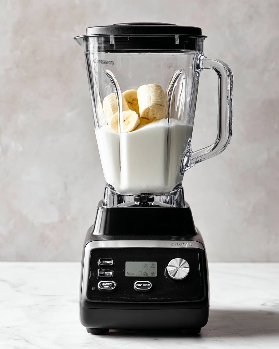 A clear blender container sits on a black base with a digital screen and control buttons; inside the container, there are a few peeled bananas resting on top of a thick white creamy layer, likely yogurt or milk, filling the lower half of the blender. The blender is placed on a white marbled surface with a light, softly textured white marbled background behind it. Photo taken with an iphone --ar 4:5 --v 7