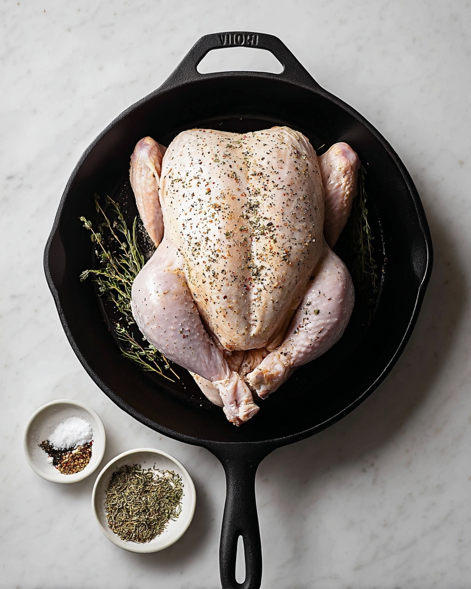 A whole raw chicken, pale pink with light seasoning of black pepper and herbs scattered on its skin, lies centered inside a black cast iron skillet with a smooth texture. The chicken is arranged with its wings folded inward and legs tucked beneath. Below the skillet, a white marbled surface is visible, holding two small round white dishes: one dish contains mixed dried herbs in green and brown tones, and the other has a combination of coarse salt and cracked black pepper. The image has a clean and simple look, with soft lighting highlighting the details and textures. Photo taken with an iphone --ar 4:5 --v 7
