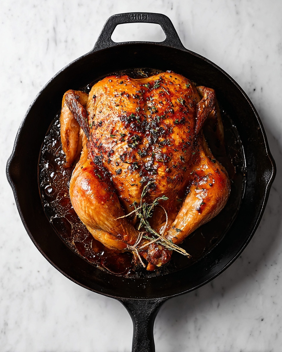A whole roasted chicken with a golden brown, shiny skin sits in the middle of a dark cast iron skillet. The chicken appears well cooked with a slightly crispy texture, showing herbs sprinkled all over its surface. The legs are tied with twine and tucked close to the body, and small pools of dark cooking juices with bits float around the chicken inside the skillet. The skillet rests on a white marbled surface, creating a clean and simple background. photo taken with an iphone --ar 4:5 --v 7