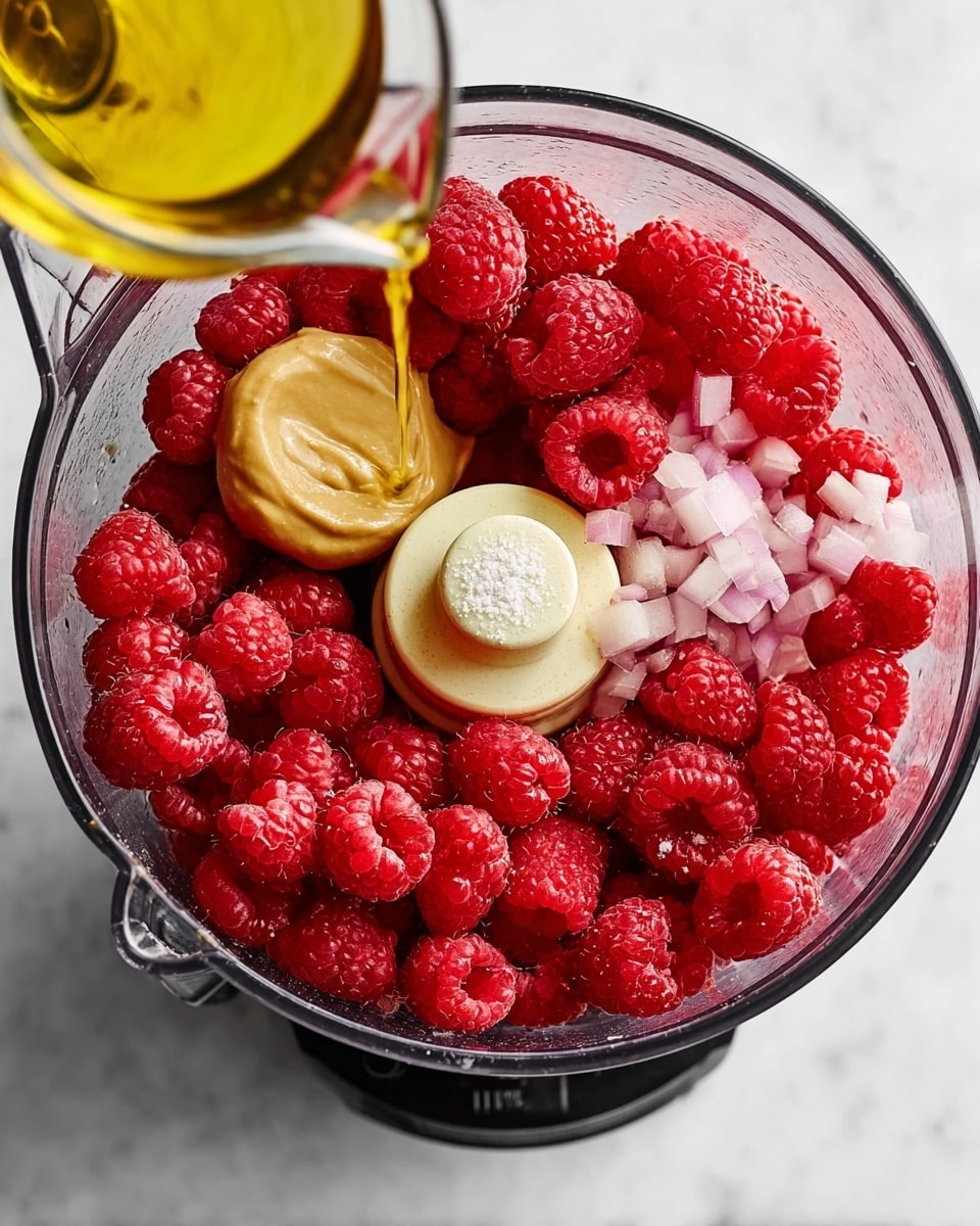 A clear food processor bowl filled with fresh bright red raspberries forming most of the base layer, topped on one side with small pale pink chopped onions, a dollop of smooth tan mustard in the center, and a small sprinkle of white salt over the raspberries. A clear glass cup is shown pouring golden yellow oil into the bowl. The scene is set on a white marbled texture surface. photo taken with an iphone --ar 4:5 --v 7