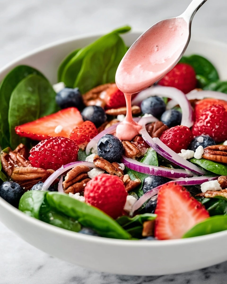 A fresh salad is shown in a white bowl on a white marbled surface. The salad has a base layer of bright green spinach leaves. On top, there are sliced red strawberries, whole red raspberries, dark blue blueberries, and thin curved slices of purple onion. Small white pieces of cheese and brown pecan nuts are scattered evenly across the salad. A white spoon holds a bright pink dressing that is being poured gently over the top, adding a creamy, smooth texture to the colorful fruit and greens. photo taken with an iphone --ar 4:5 --v 7