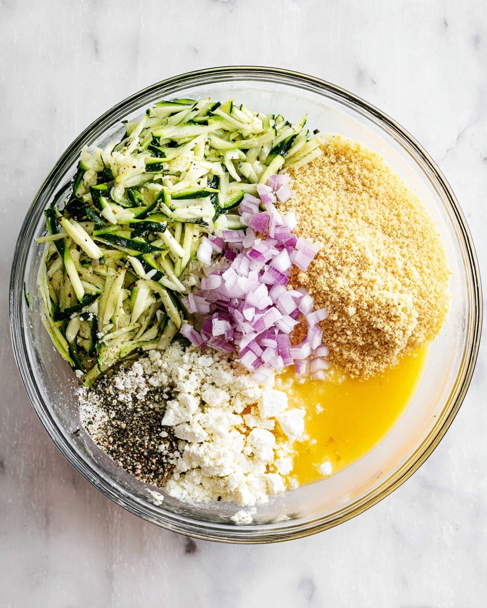 A clear glass bowl sits on a white marbled surface, filled with six separate layers of ingredients arranged side by side. Starting from the top right, there is a light tan, grainy layer of almond flour. Moving left, a green, shredded zucchini layer with a fresh, moist texture. Below that, near the bottom left, is a mix of white salt and black pepper, speckled clearly. Next to that, in the bottom middle, there's a pile of small purple and white chopped red onions. Just above the onions, a layer of lumpy, white crumbled cottage cheese rests on the zucchini. Finally, the bottom right section contains a smooth, yellow beaten egg mixture. The bowl is seen from above, with all ingredients distinctly separated and ready to be mixed photo taken with an iphone --ar 4:5 --v 7