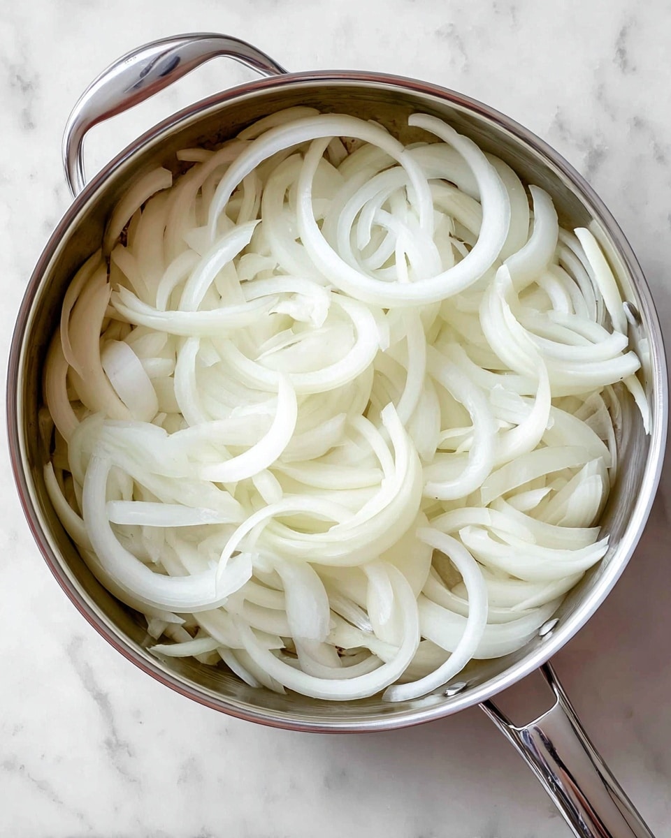 A stainless steel pan filled with many layers of sliced white onions that are thick and curved. The onions cover the pan evenly, showing their smooth, slightly shiny texture. The pan has a shiny handle on the right side, and it's placed on a white marbled surface. photo taken with an iphone --ar 4:5 --v 7