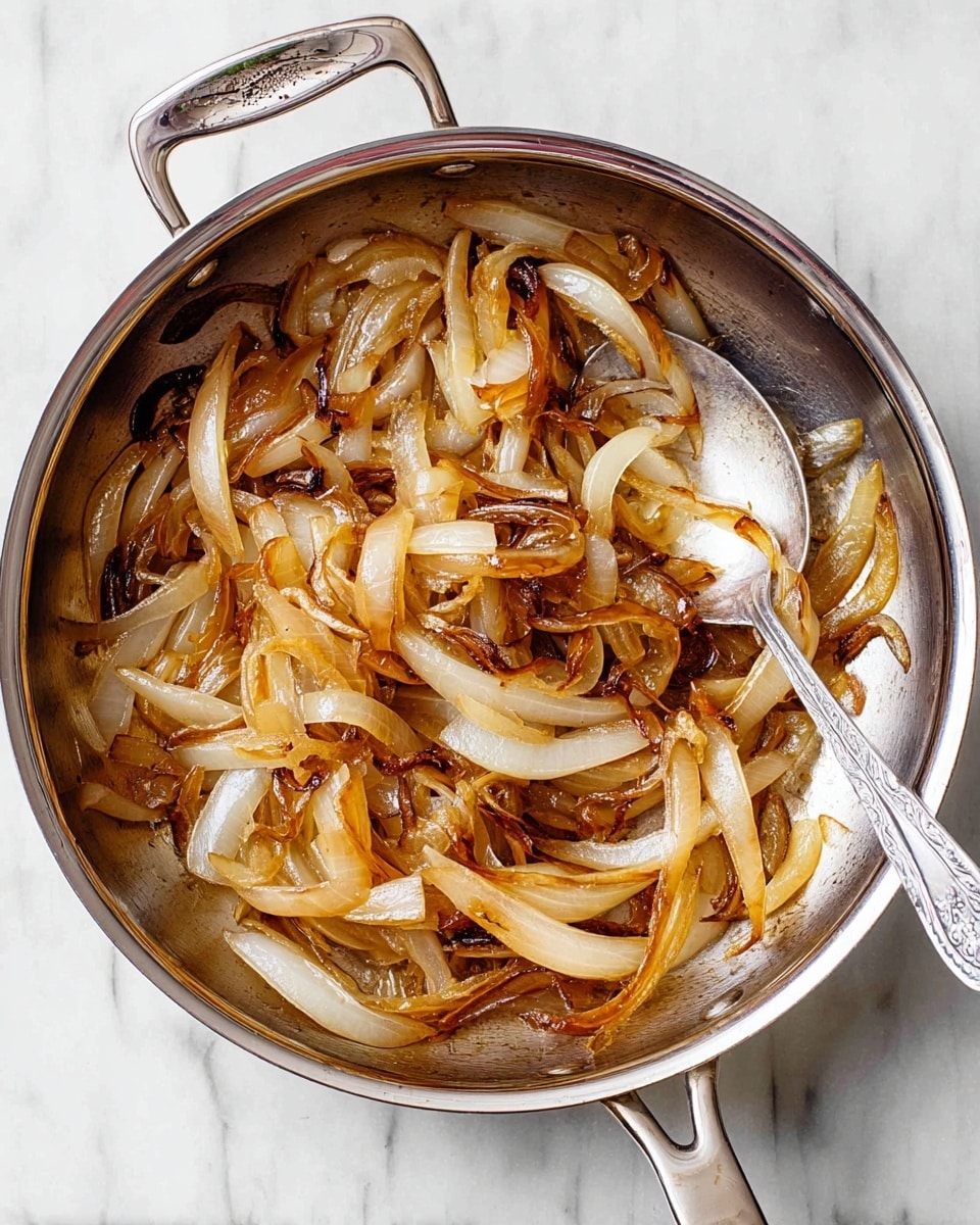 A silver pan filled with cooked onions sliced into long strips, showing layers of light golden to dark brown caramelized edges and soft translucent parts mixed together. A silver spoon rests inside the pan, partially covered by the onions. The pan sits on a white marbled surface. photo taken with an iphone --ar 4:5 --v 7