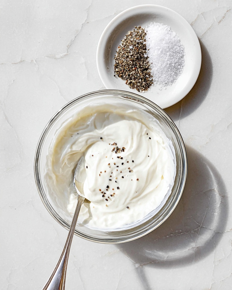 A clear glass bowl sits on a white marbled surface, filled with a smooth, creamy white mixture that shows light swirls and small black pepper specks scattered on top. A silver spoon rests inside the bowl, partially submerged in the creamy mixture and angled diagonally to the bottom right. Above it, there is a small round white plate containing two sections: one with coarse white salt and the other with crushed black pepper, side by side. The lighting is bright and natural, highlighting the texture and freshness of the mixture and spices. photo taken with an iphone --ar 4:5 --v 7