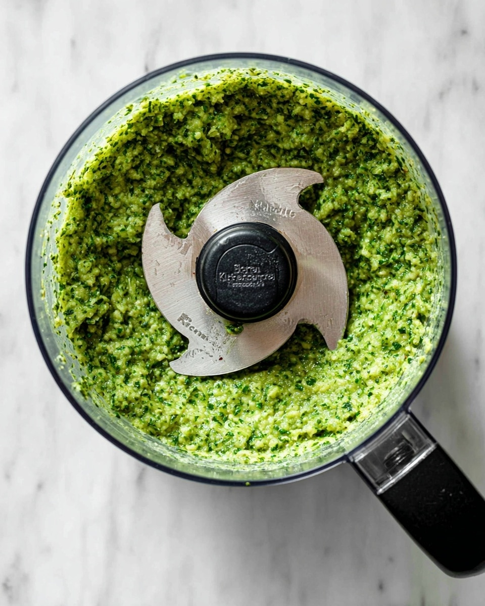 The image shows a clear food processor bowl filled with a thick, bright green mixture with small flecks of darker green herbs evenly spread throughout. The texture appears coarse and slightly chunky, almost like a fresh pesto or herb paste. The metal chopping blade sits in the center with a black plastic hub labeled