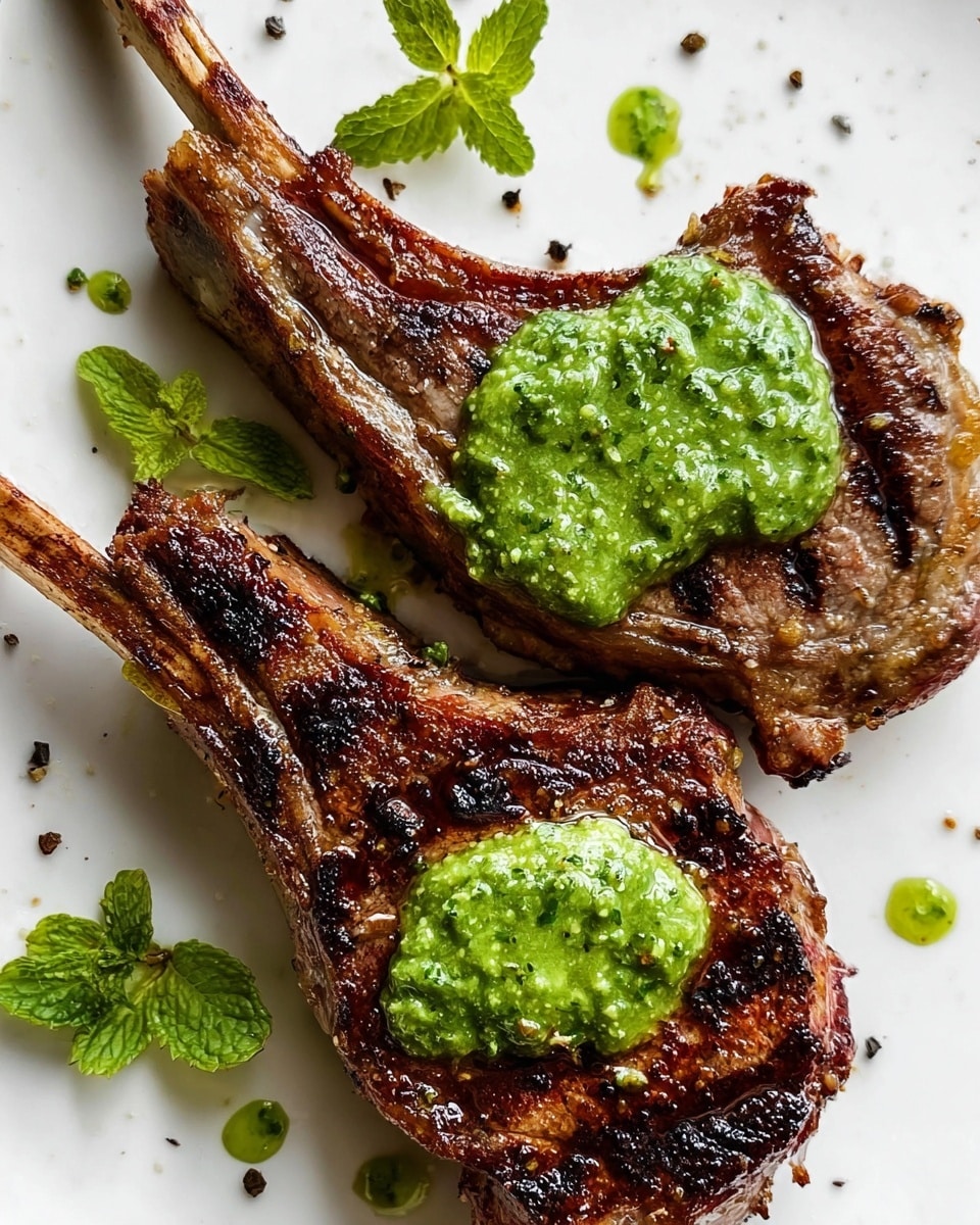 The image shows two grilled lamb chops placed on a white plate with a white marbled texture background. Each chop has a rich brown and slightly charred texture, indicating a well-grilled surface with visible grill marks. On the top right chop, there is a generous dollop of bright green sauce with a slightly chunky texture, as well as smaller spot dollops on the left chop. Around the chops, small fresh mint leaves are scattered, adding vibrant green color. The plate also has a few black pepper specks scattered around. Photo taken with an iphone --ar 4:5 --v 7