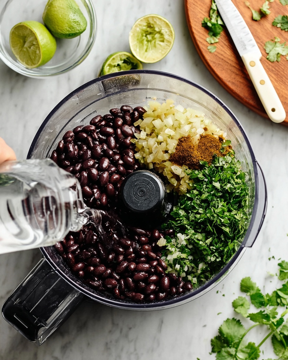 A clear food processor bowl shows three main layers inside: one side filled with dark purple-black beans with a shiny wet look, another side has bright green chopped cilantro leaves with delicate textures, and the last side contains diced cooked onions mixed with small green peppers and light brown spices giving a slightly soft texture. A woman's hand is pouring clear water from a glass into the bean section. In the background on a white marbled surface, there is a halved lime next to a clear glass juicer, a wooden cutting board with scattered cilantro leaves, and a white-handled knife. Photo taken with an iphone --ar 4:5 --v 7