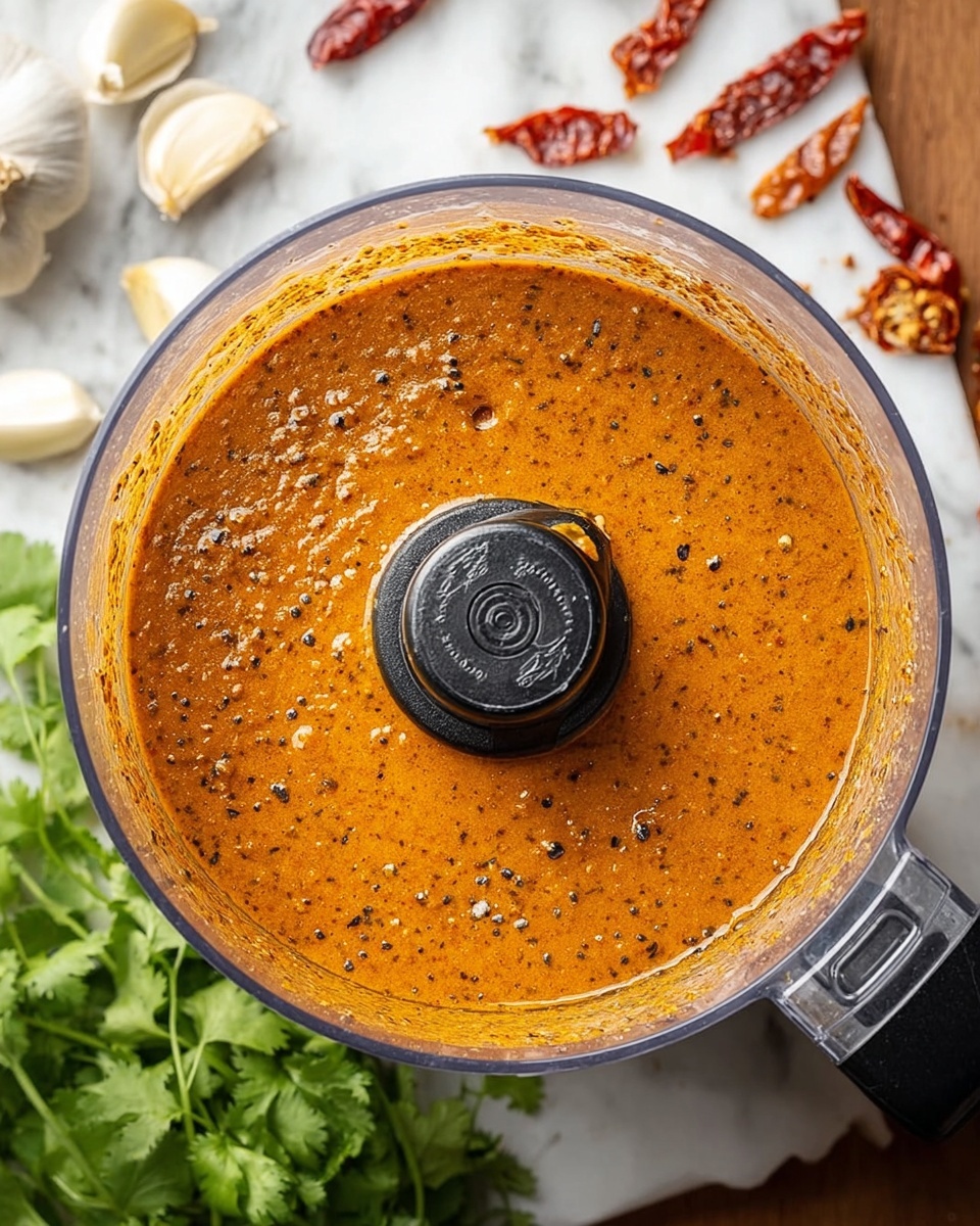 A clear food processor bowl filled with a thick orange-brown sauce that has a smooth, slightly grainy texture with small darker specks throughout. The bowl is placed on a white marbled surface with garlic cloves, dried red peppers, and green cilantro leaves around it. The black center blade holder is visible in the middle of the sauce. Photo taken with an iphone --ar 4:5 --v 7