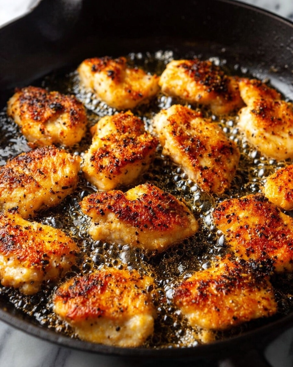 The image shows a close-up view of about twelve small pieces of golden brown chicken cooking in a black cast iron pan. Each piece has a crispy, textured surface with dark brown and black pepper specks, and the edges are slightly browned. The pieces are spaced out enough to see bubbling oil around them, giving a shiny and sizzling effect. The pan fills most of the frame and has a matte black, rough texture inside. The background is a white marbled surface. Photo taken with an iphone --ar 4:5 --v 7