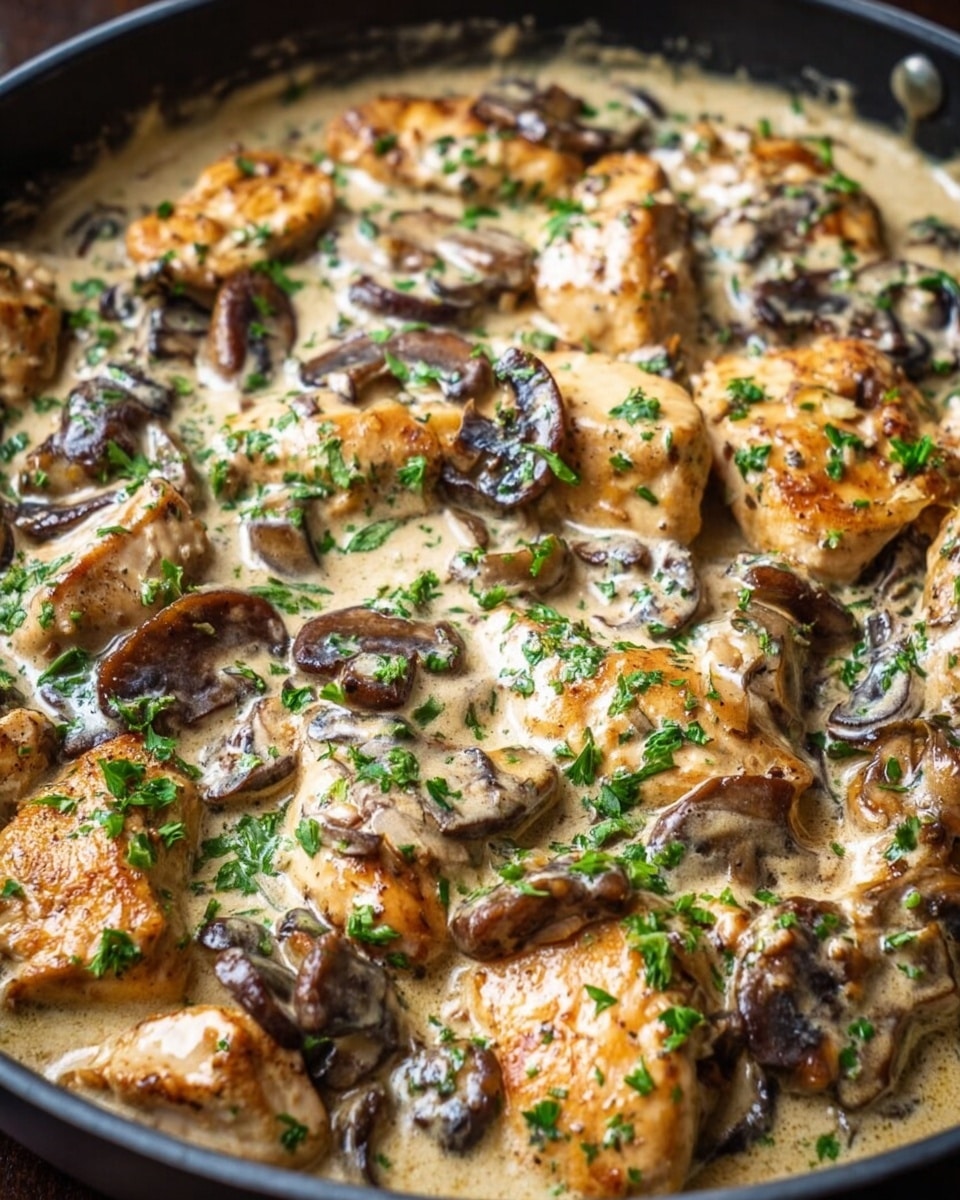 A close-up view of a black pan filled with creamy chicken and mushroom dish showing around two layers: the first layer is golden-brown cooked chicken pieces with a smooth, creamy beige sauce covering them, mixed with dark brown sliced mushrooms that have a soft texture, and the second layer is sprinkled chopped fresh green parsley scattered evenly on top, giving a fresh contrast to the creamy sauce and chicken. photo taken with an iphone --ar 4:5 --v 7