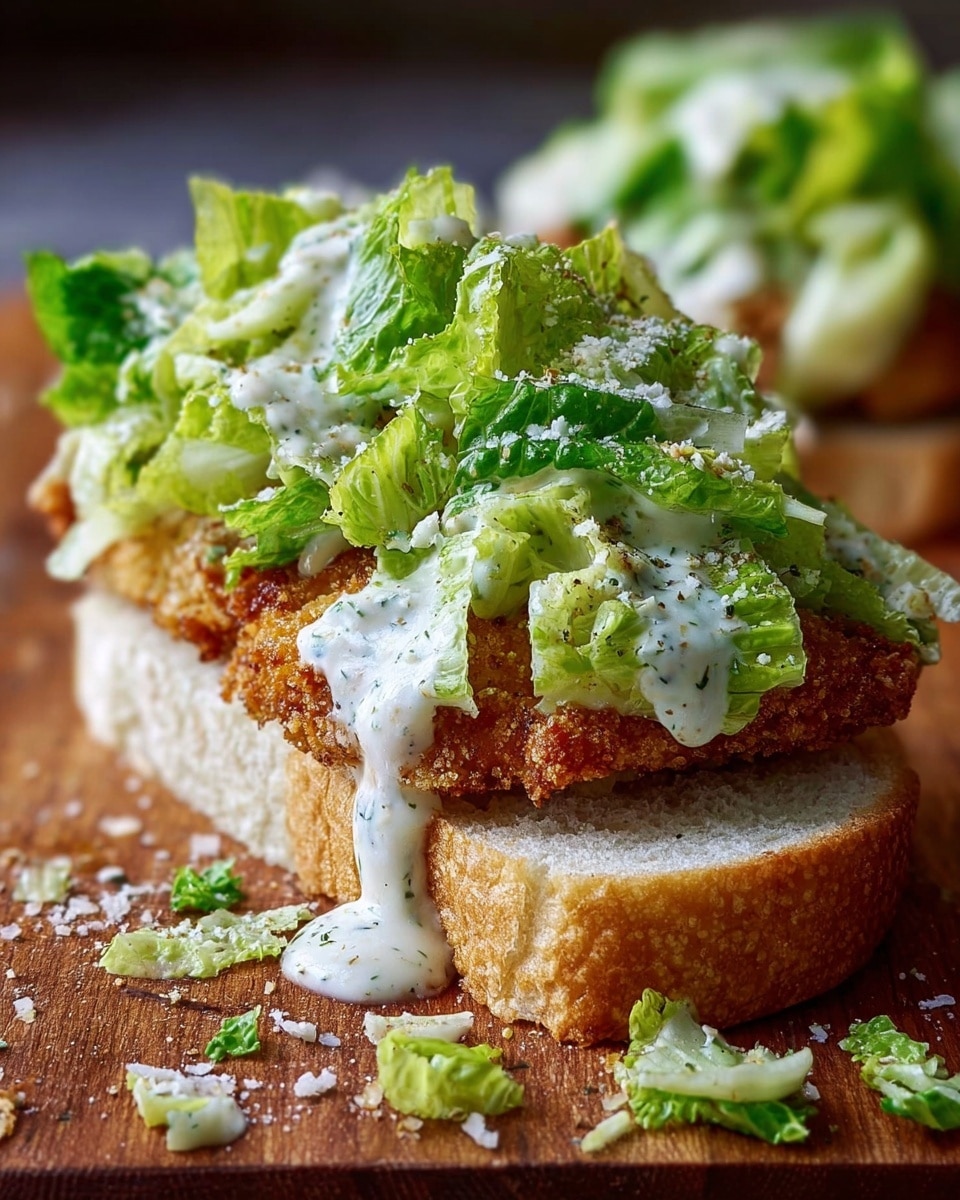 The image shows an open sandwich on a white slice of bread with a soft texture. On top, there is a crispy fried layer that is golden brown and slightly rough. Above this, fresh green lettuce leaves are piled high, coated in a creamy white dressing that drips down the sides. Small white crumbs, likely cheese, are sprinkled over the lettuce and sandwich. The sandwich sits on a wooden surface with some loose pieces of lettuce and crumbs around. photo taken with an iphone --ar 4:5 --v 7
