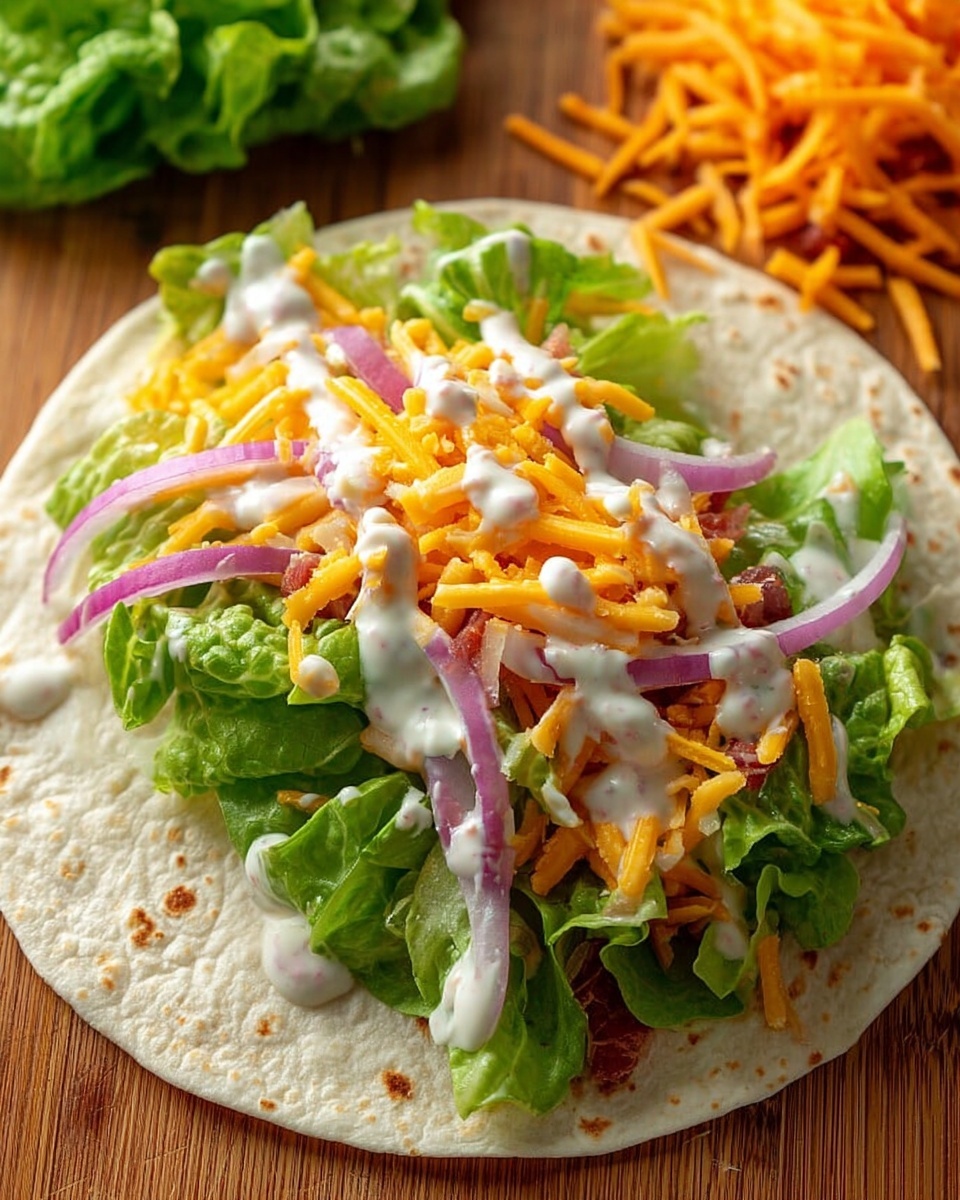 A white flour tortilla is laid flat on a wooden surface, topped with several layers of food. The first layer consists of fresh green lettuce leaves, slightly crinkled and bright. Over the lettuce, thin slices of purple onion add sharp color contrast. On top of the onion, there is a generous layer of shredded orange cheddar cheese. The dish is finished with a drizzle of creamy white dressing that runs across the top. In the background, shredded orange carrots and more green lettuce can be seen on the wooden surface. photo taken with an iphone --ar 4:5 --v 7