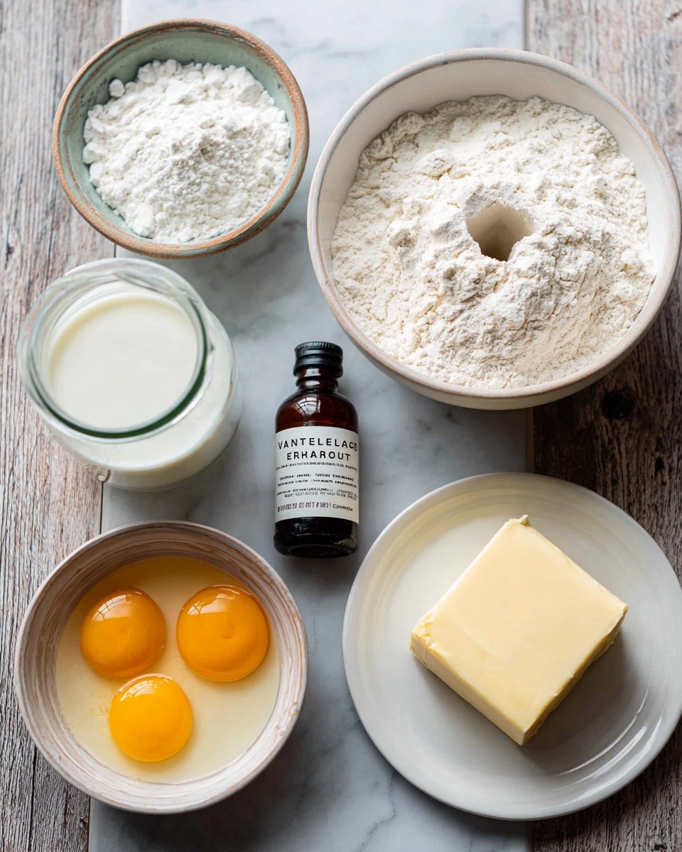 The image shows six baking ingredients arranged on a white marbled surface. In the top right, there is a white bowl filled with flour with a small hollow in the center. Next to it at the top left is a smaller white bowl with baking powder. Below the flour bowl is a glass jar filled with milk. To the bottom left, a white bowl holds two raw eggs with yellow yolks and clear whites. At the center, a small dark bottle labeled