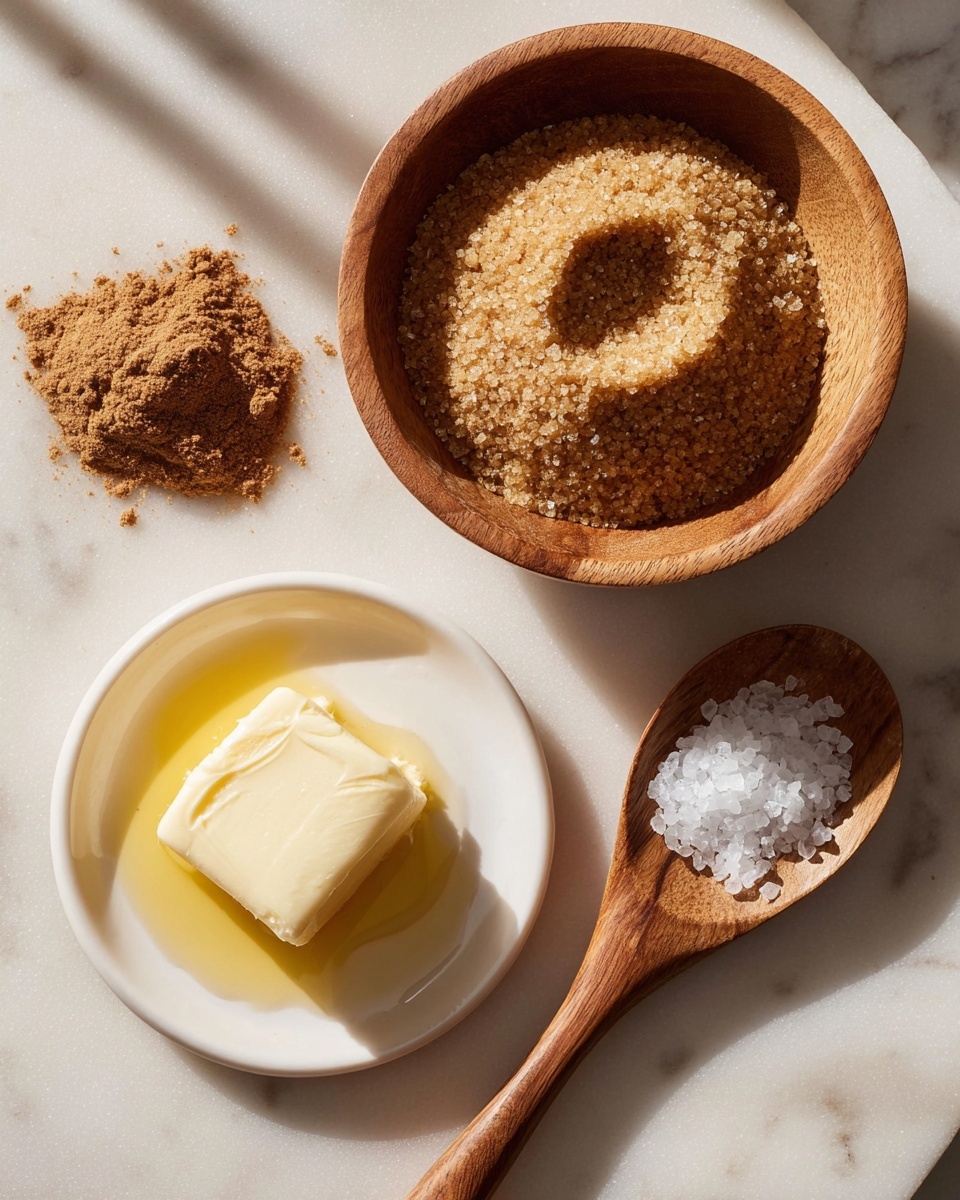 A white round plate with a piece of butter sitting in a small pool of golden liquid, positioned on the left side. Above it, there is a small mound of brown powder spread loosely on the white marbled surface. To the right, a wooden bowl holds a large amount of light brown granulated sugar with a slight indentation in the center. At the bottom right, a wooden spoon rests on the white marbled surface, filled with coarse white salt crystals. Soft natural light casts gentle shadows across the scene, highlighting the textures and colors. Photo taken with an iphone --ar 4:5 --v 7