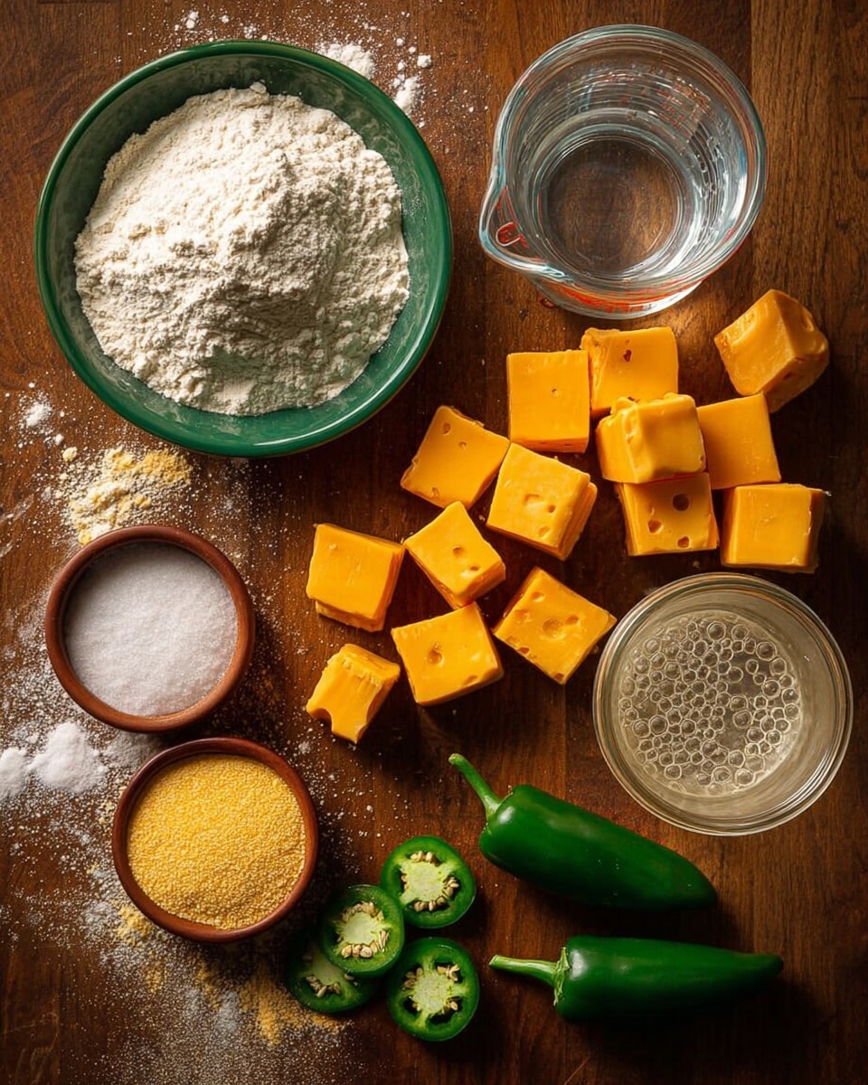 The image shows a collection of ingredients arranged neatly on a brown wooden surface. There is a green bowl filled with white flour at the top left, a clear glass measuring cup with water to the right of it, and a glass jar with bubbly yeast at the far right. In the middle, there are many small cubes of bright orange cheese. Below the cheese, two small brown bowls hold white salt and yellow cornmeal powder. At the bottom right, three whole green jalapeño peppers lie beside two slices showing their inner green flesh and seeds. The ingredients are spread out with some flour and cornmeal dust scattered around. Photo taken with an iphone --ar 4:5 --v 7