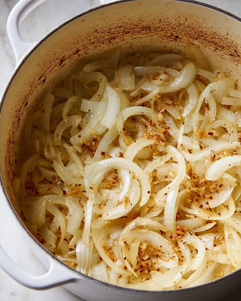 A close-up view inside a white pot showing thinly sliced onions being cooked. The onions are soft with a translucent white and light golden color, mixed with small browned bits and some light caramelization spots scattered throughout. The pot's interior shows some light seasoning residue, adding warm brown speckles along the sides. The texture of the onions looks tender and slightly glossy from cooking. The pot sits on a white marbled surface. photo taken with an iphone --ar 4:5 --v 7