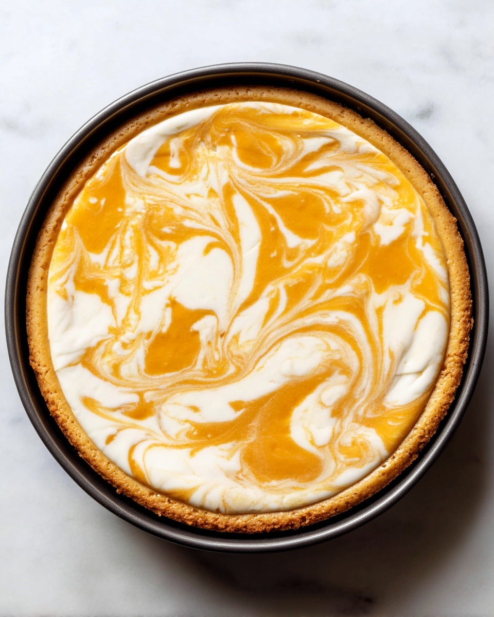 A round cheesecake in a dark baking pan sits on a white marbled surface. The cheesecake has two main visible layers: the bottom layer is a light golden crust that forms the base and edges, while the top layer is creamy with a marbled swirl of white and bright orange cream blending together in a smooth, wavy pattern across the surface. The marbling gives a rich, textured look with soft curves and folds of color. photo taken with an iphone --ar 4:5 --v 7