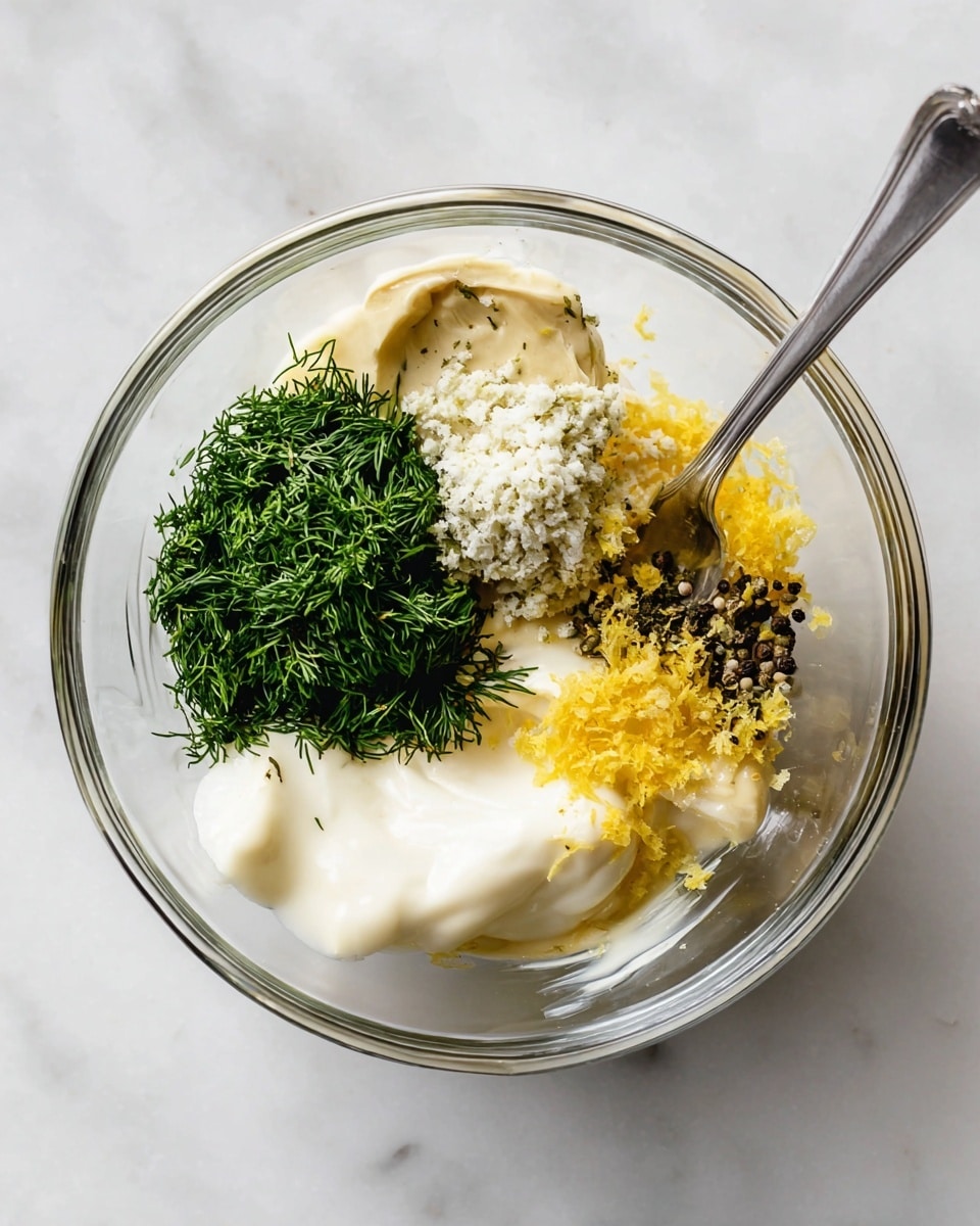A clear glass bowl placed on a white marbled surface holds several ingredients arranged in separate clusters, ready to mix. On the left side, there is a mound of bright green chopped dill with a feathery texture. Beside it, a small pile of finely grated white garlic rests next to a larger scoop of light beige mustard with a smooth, thick texture. Toward the bottom center, there is a dollop of white mayonnaise and to its right, a pile of finely grated yellow lemon zest. Near the top right edge of the bowl, scattered black pepper flakes add dark specks to the light ingredients beneath. A silver spoon lies nearby on the white marbled surface. Photo taken with an iphone --ar 4:5 --v 7