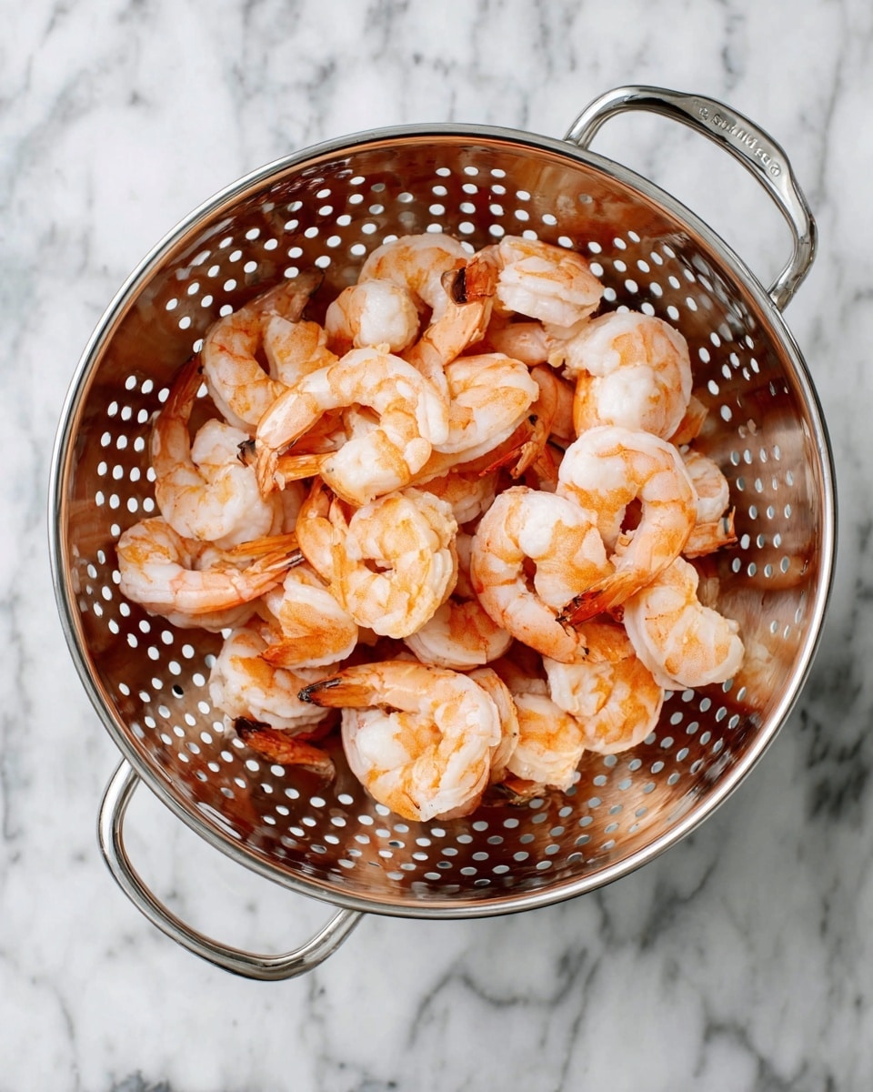 A shiny silver colander filled with many cooked shrimp that are pink and white in color, showing a smooth and slightly bumpy texture. The shrimp are piled evenly inside the colander, some with tails folded inwards and others resting on top. The colander is placed on a white marbled texture surface, with holes creating a dot pattern all around it, and it has two round handles on each side. Photo taken with an iphone --ar 4:5 --v 7