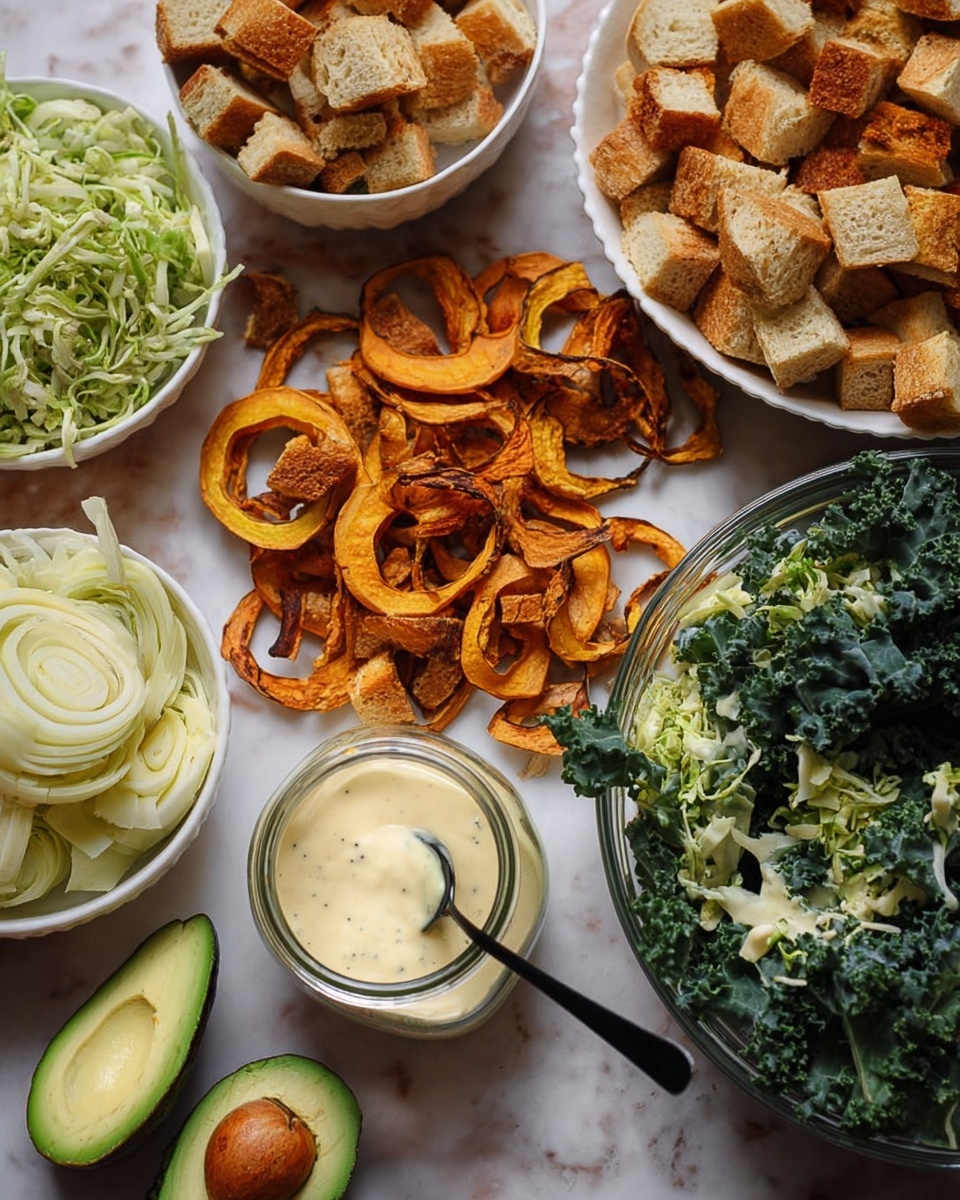 The image shows a white plate with a salad that has about three layers: the bottom layer is light green shredded leaves, the middle layer has darker green leafy vegetables mixed with some orange roasted slices, and the top layer contains a few pieces of toasted golden-brown croutons. A spoon is pouring creamy light beige sauce over the croutons and salad, adding a thick texture. The plate is on a white marbled surface, and there is a black fork resting on the edge of the plate. In the background, there is a white bowl filled with more toasted croutons, slightly blurred. photo taken with an iphone --ar 4:5 --v 7