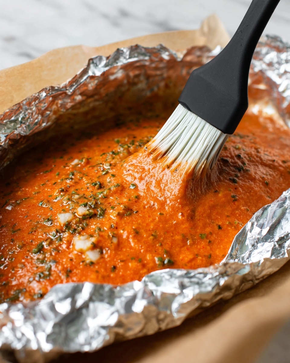 A large piece of cooked salmon with a reddish-orange glaze is placed inside a foil-lined baking tray. The salmon is sliced into several thick segments from top to bottom and sprinkled with small green herb bits, likely parsley. To the right of the salmon, inside the same tray, there is a mix of cooked green beans, slices of white onion, and scattered pieces of red bell pepper. At the left side of the salmon, a half lemon rests on the foil. Outside the tray, on the white marbled surface, there are two whole lemons and a white cloth with some texture. At the bottom left corner, part of a white ceramic plate with concentric circle patterns and a fork and knife on top is visible. The photo is taken from above in natural light. Photo taken with an iphone --ar 4:5 --v 7