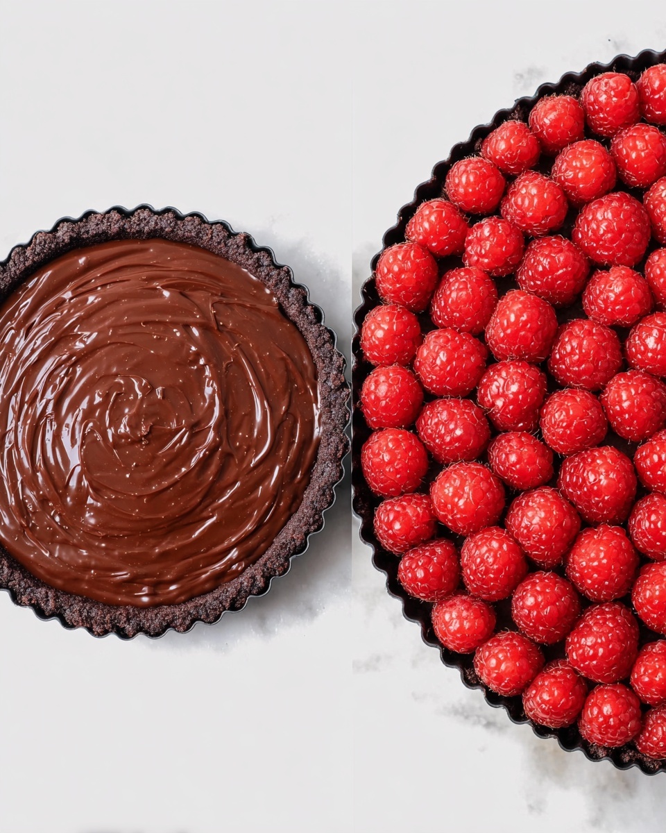 The image shows two round tart pans with dark chocolate crust. The first pan is filled with a smooth, shiny dark chocolate filling that is spread evenly with swirled texture on top. The second pan shows the same dark crust but topped with a full layer of fresh, bright red raspberries, tightly packed in neat rows covering the entire surface. Both pans sit on a white marbled surface. photo taken with an iphone --ar 4:5 --v 7