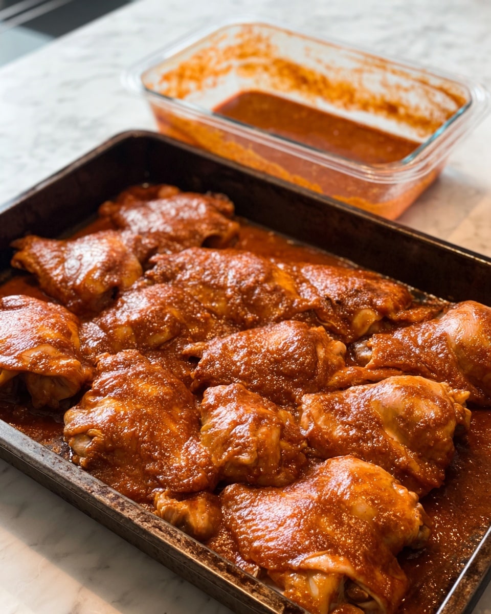 A dark metal baking tray filled with a single layer of large, raw chicken pieces covered in a shiny, reddish-brown sauce that looks thick and sticky, pooling slightly on the tray around the chicken. The chicken pieces are laid close together, showing textured skin and sauce evenly spread over them. Behind the tray, there is a clear plastic container with more of the same reddish sauce. All items are placed on a counter with a white marbled texture. photo taken with an iphone --ar 4:5 --v 7