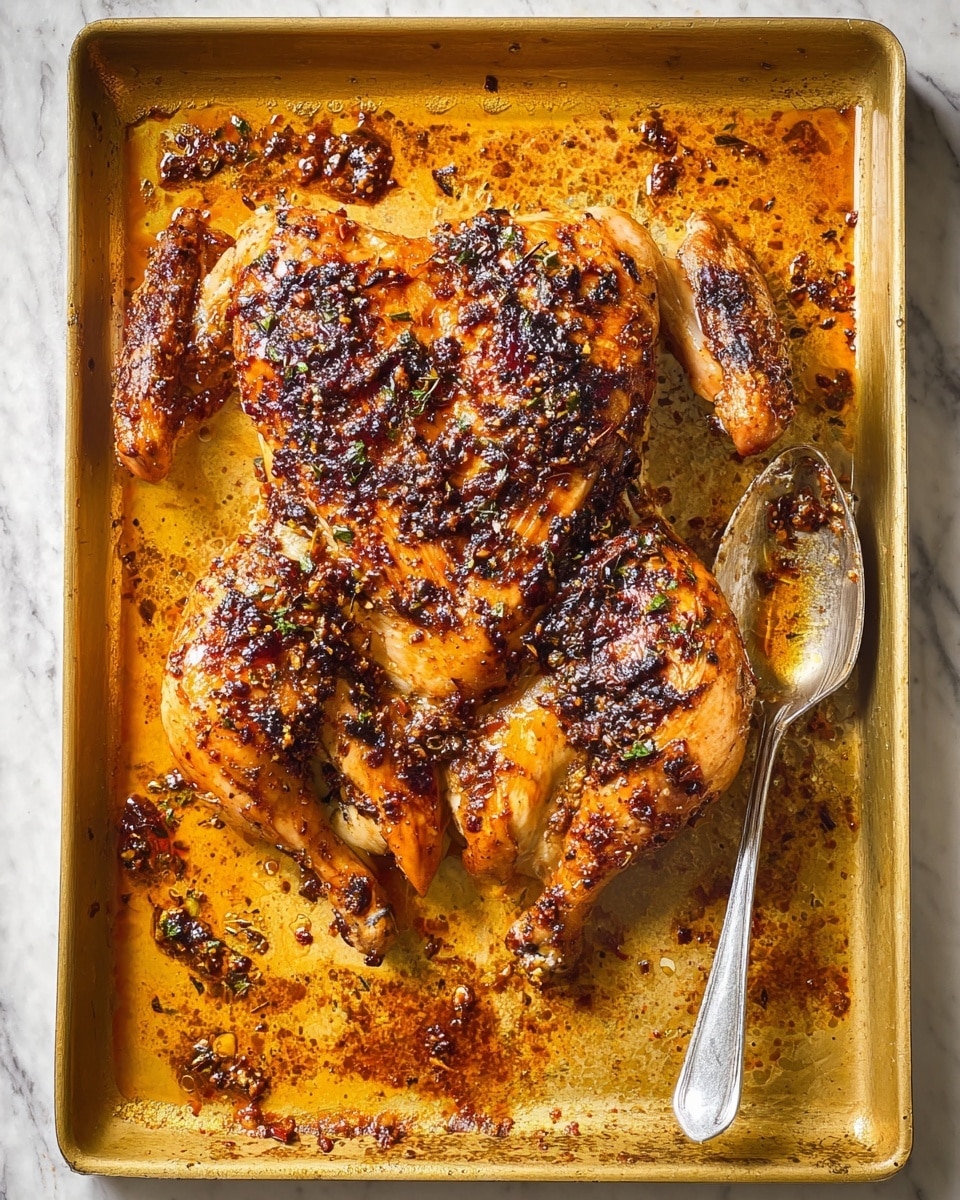 A whole roasted chicken is spatchcocked and laid flat inside a golden baking tray. The chicken skin is golden brown with darker charred spots, covered with small bits of toasted herbs and spices. The legs and wings are spread out, showing a crispy texture, and the chicken juices mix with the herbs in the tray. On the right side of the tray, there is a silver spoon resting partly in the juices. The baking tray holds some cooked residue and browned oil stains around the chicken. The background is a white marbled surface. Photo taken with an iphone --ar 4:5 --v 7