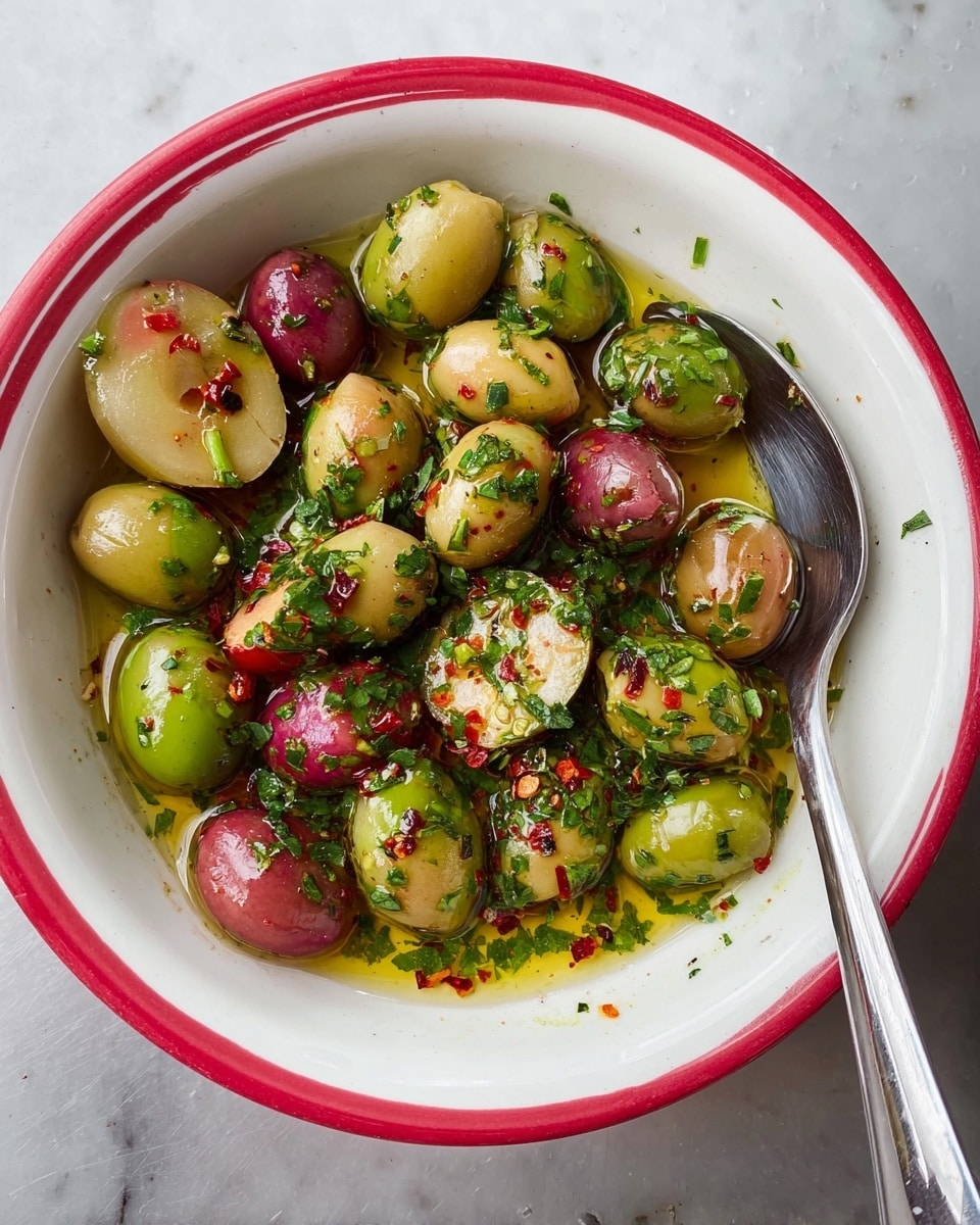 A white bowl with a red rim holds a mix of green and red olives, some whole and some sliced in half, all coated in golden olive oil. The olives are sprinkled with finely chopped green herbs and small red chili flakes, spreading color and texture evenly across the bowl. A shiny metal spoon rests inside the bowl on the right side. The bowl sits on a white marbled surface. photo taken with an iphone --ar 4:5 --v 7