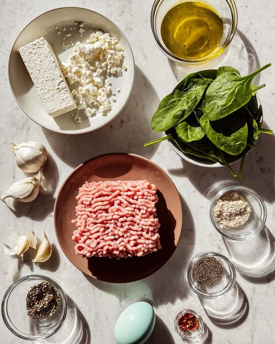 The image shows a top view of various cooking ingredients arranged on a white marbled surface. At the center left, there is a white shallow bowl holding a block of crumbly white cheese with some small broken pieces on the side. Below it, a brown plate contains a neatly stacked layer of pink ground meat with fine texture. To the right, a small white bowl is filled with fresh green spinach leaves. Above that, a white bowl holds golden olive oil with coarse white salt on top. Next to it, a small glass bowl with a mixture of black pepper and other spices sits nearby. Toward the bottom left, there is a small round white bowl holding two peeled garlic cloves and a smooth, light blue egg resting beside it. Additionally, a few small glass bowls contain red pepper flakes and other seasonings in fine grains and seeds, placed on the surface. Shadows from the sunlight create a clear pattern around the items. photo taken with an iphone --ar 4:5 --v 7